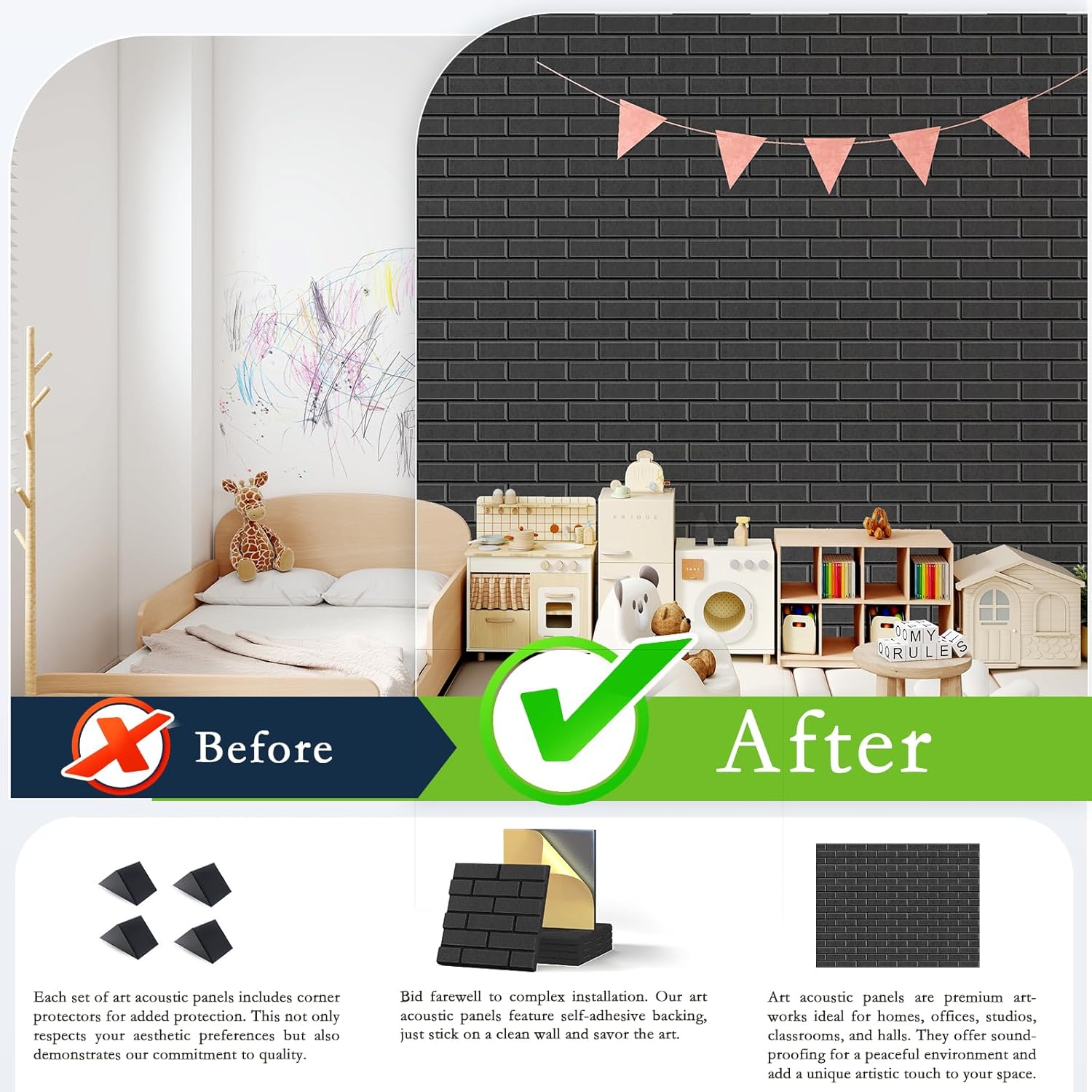 12Pack Acoustic Panels, Self-Adhesive 3D Brick Pattern Sound Proof Panels for Walls, Decorative Sound Dampening Wall Panels for Recording Studios, Offices, Home, 12"×12"×0.4", Black