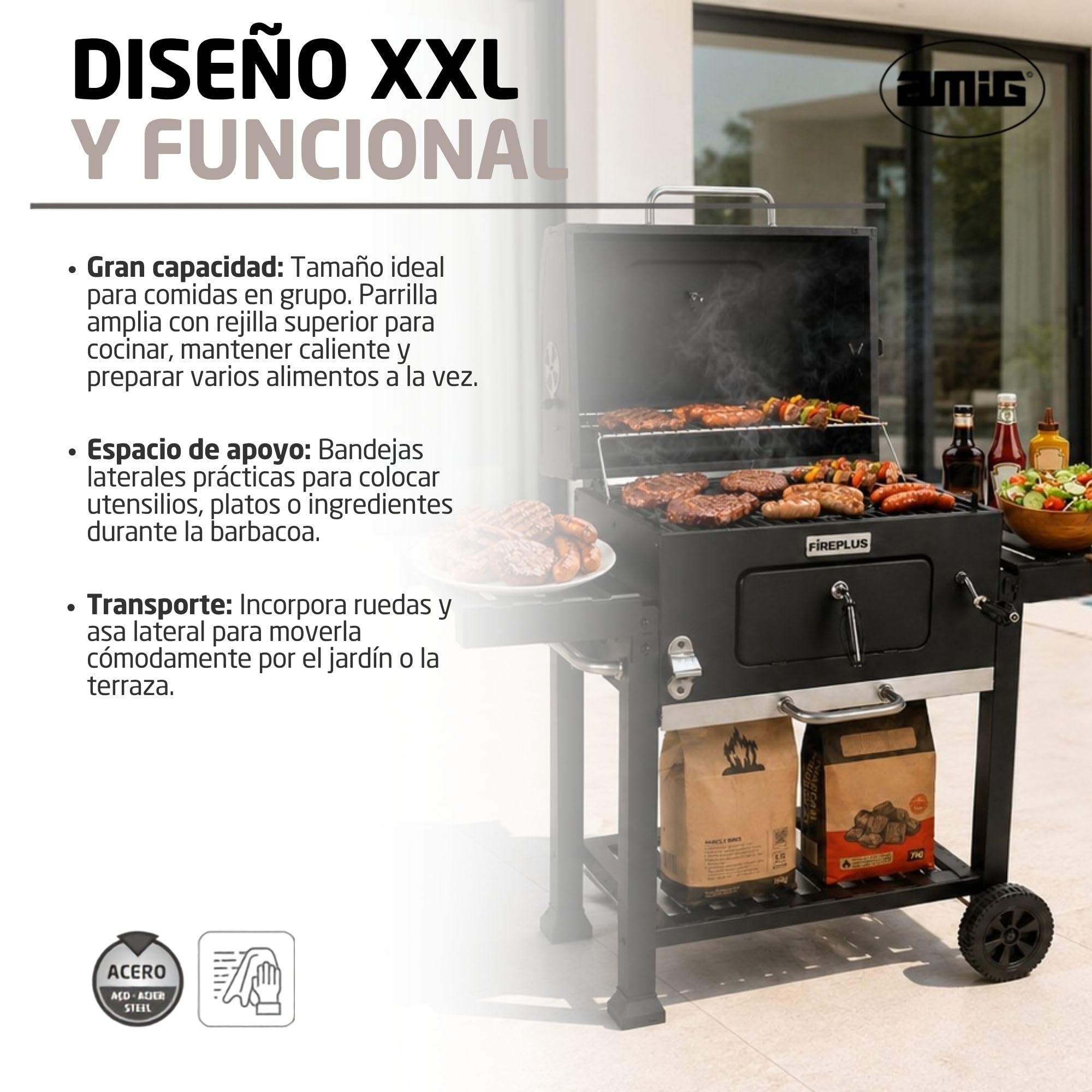 Amig - Barbacoa Fireplus de Carbón XXL - Parrilla de Acero 57x42cm - Con Ruedas y Bandejas Laterales - Asador Transportable Grande - Depósito para Ceniza - 131x116,5x56cm