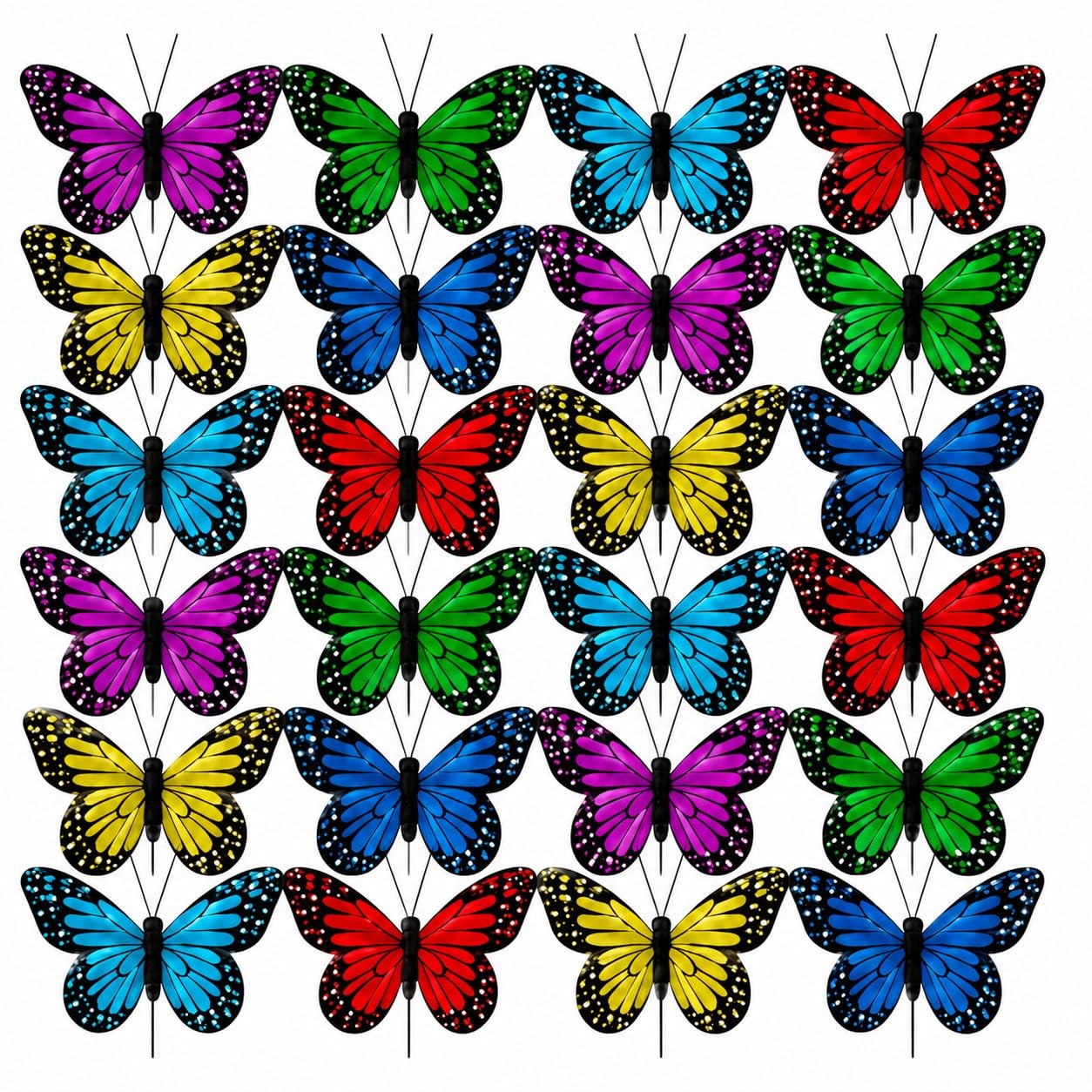Papillons multicolores vibrants Banberry Designs sur tiges metalliques pour bouquet lot de 24