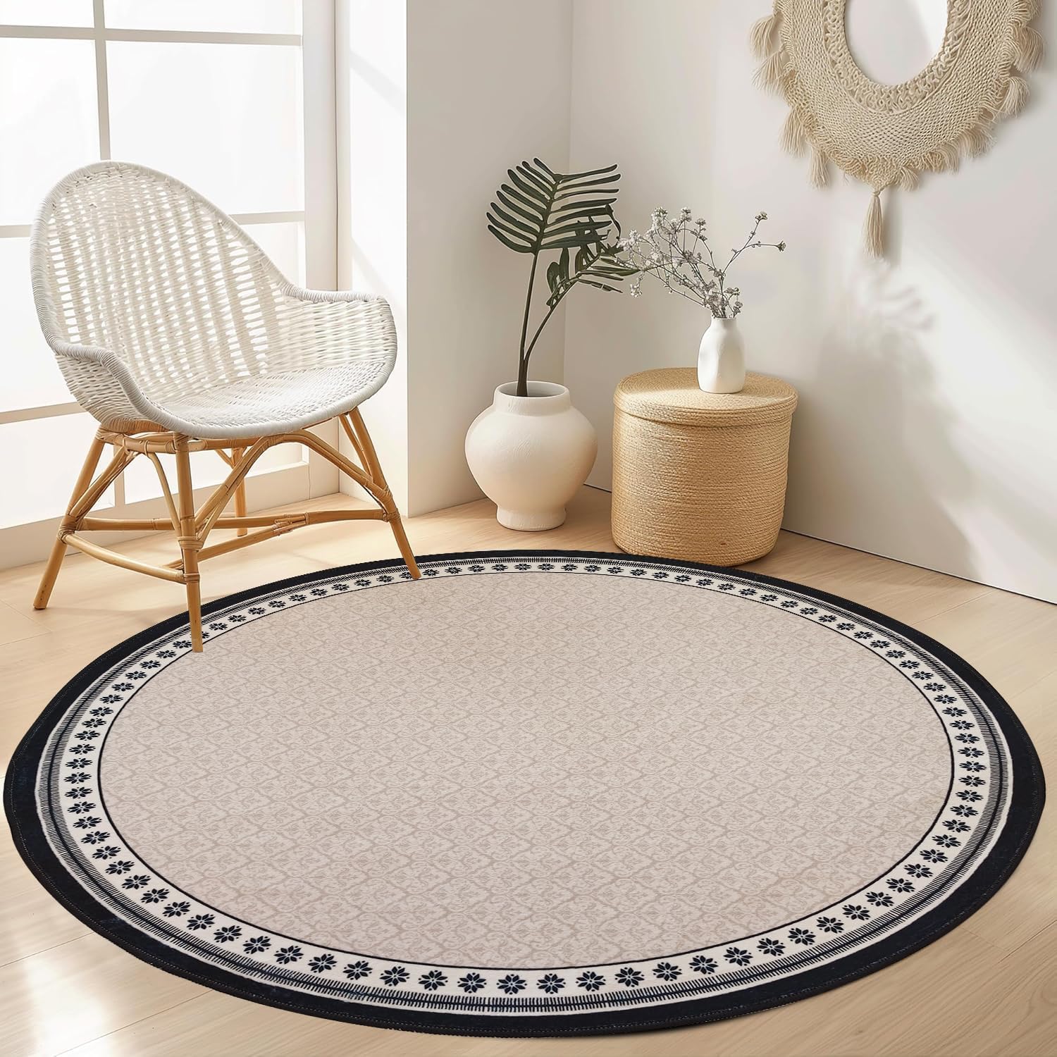 Poowe 3.3FT Round Area Rugs for Living Room, Circle Rugs Machine Washable, Fluffy Non Slip Vintage Rug for Bedroom, Dining Room, Home Office