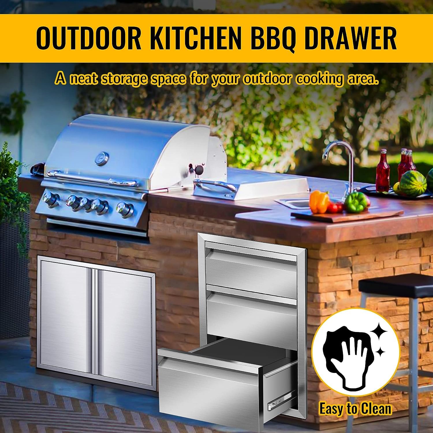 18" W x 24" H x 23" D Outdoor Kitchen Drawers Flush Mount Access BBQ Island Drawers for Outdoor Kitchens or BBQ Island Patio Grill Station W/O Handles