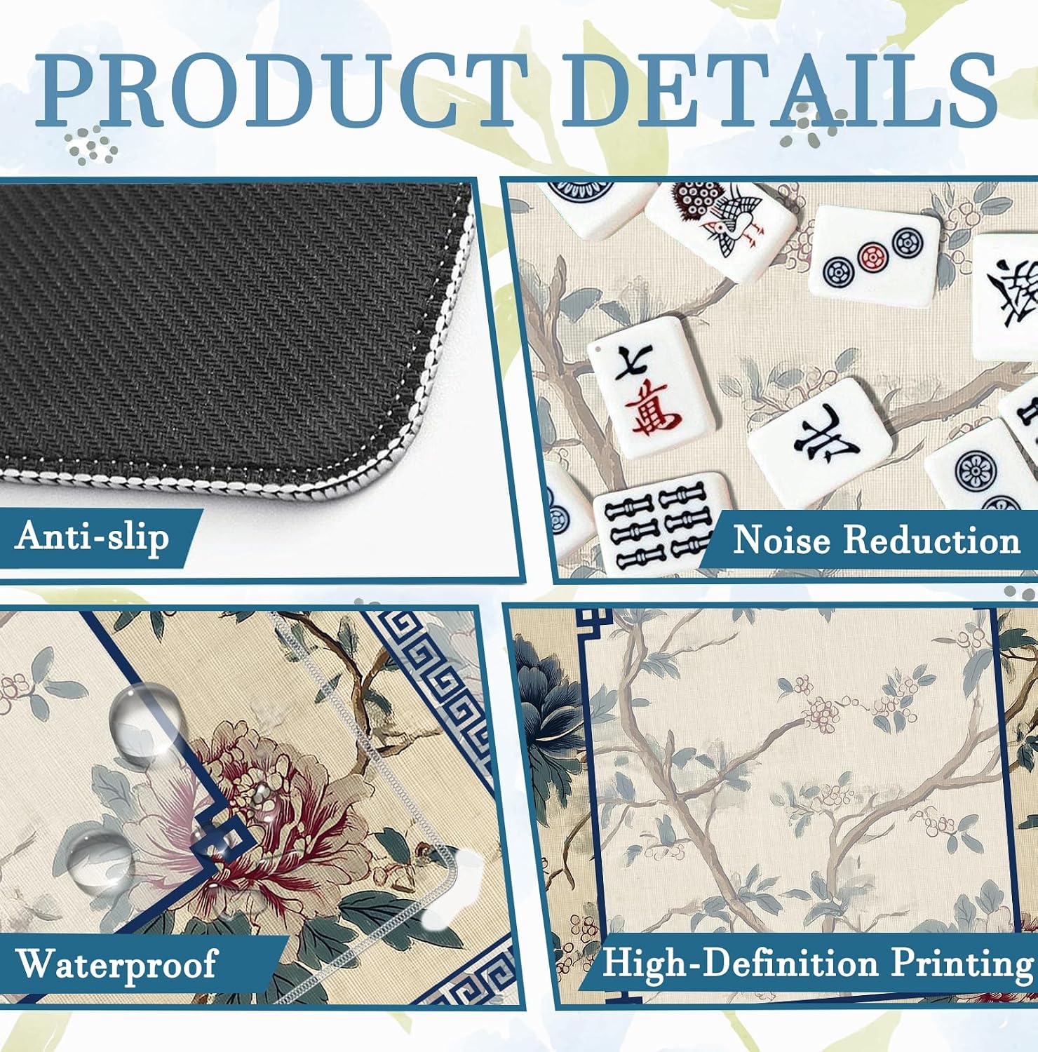 Vintage Chinoiserie Floral Mahjong Mat 31.5" x 31.5", Non-Slip Noise Reduction Mahjong Table Cover Accessories and Supplies for Dominoes Poker Card Board and Tile Games Gifts image 5