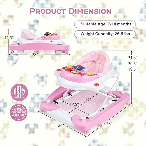 Miniatura 7 de BABY JOY Andador de bebé 6 en 1, andador de bebé con ruedas, altura ajustable, música, luces, modo balancín, caminador de actividad para bebés,