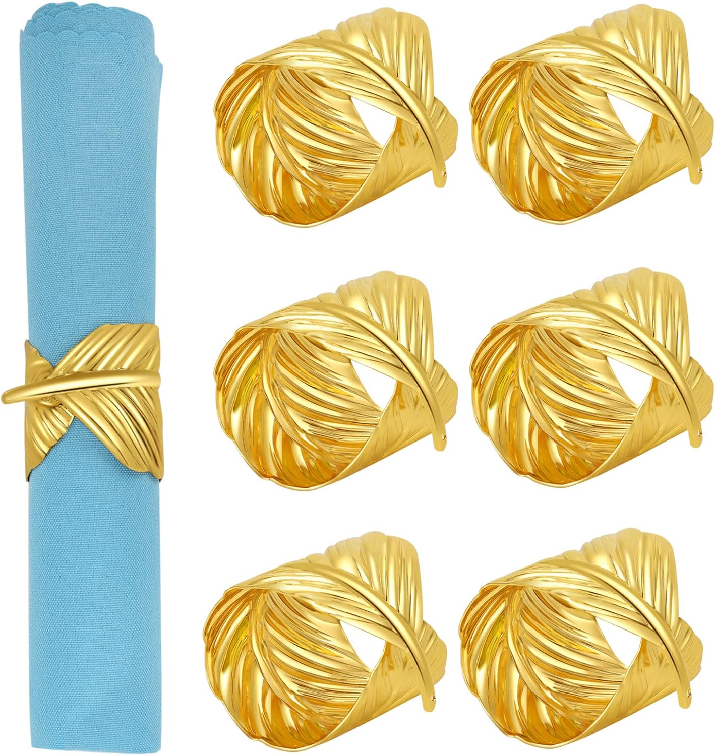 Zeskama Set of 6 Gold Napkins Rings Bulk Metal Leaf Napkin