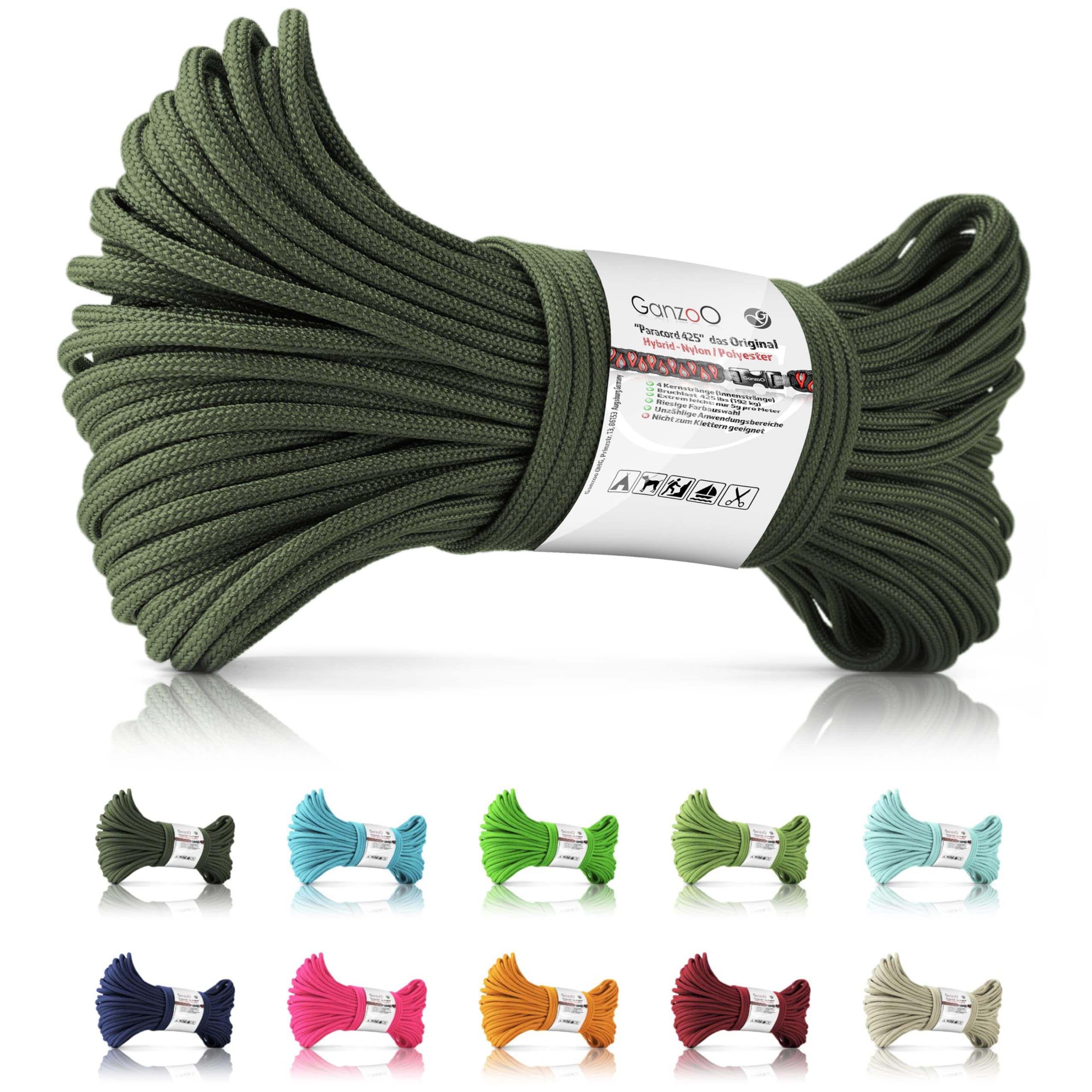 Ganzoo Paracord 425 linka 3 mm x 30 m Armygreen oliwkowa, typ 2 rdzeń 4 żyły, oplot nylon/poliester, do outdoor i DIY: odciągi namiotu, mocowanie sprzętu, naprawy, bransoletki, lanyard