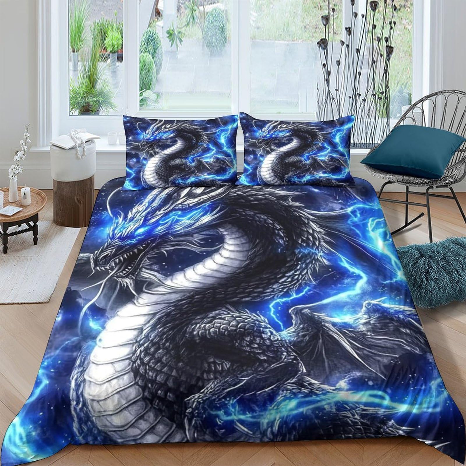 Ctjqhvkz Style-9 3D Printed Blue Lightning Dragon Fitted Sheet Microfiber Soft Bed Cover For Bedroom Guest Room Mattress Protection Decor Single（135X200cm）