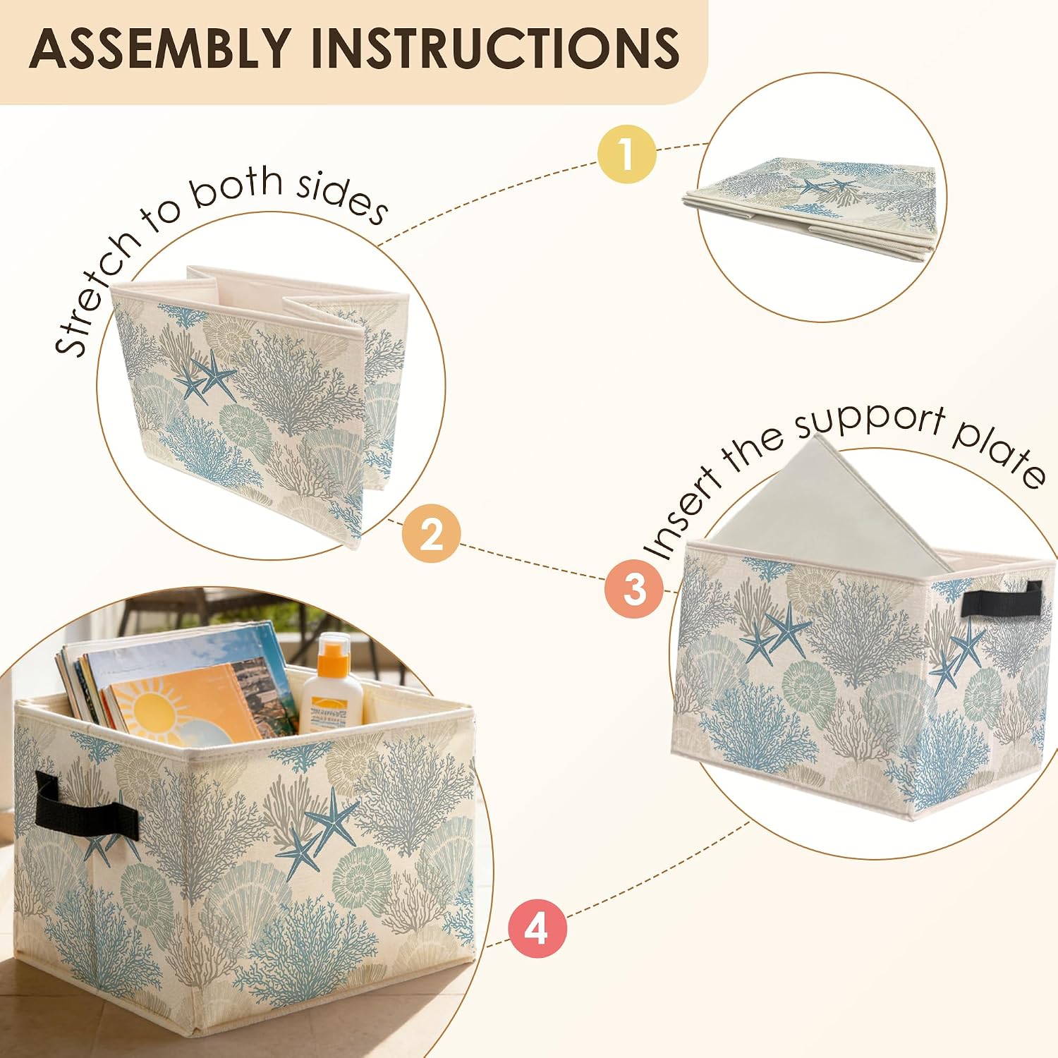 Blue Beach Starfish Seashell Storage Bins Box with Handles, Coastal Ocean Nautical Coral Sea Life Foldable Basket Toybox for Beach House Bedroom Bathroom Home Clothes Toys Books