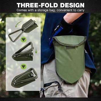 REDCAMP 23 Military Folding Camping Shovel w/Cover,Portable Shovel with High Manganese Steel, Tactical Entrenching Tool Tri-fold Handle Shovel for Camping Hiking Sand Mud Snow Beach, Green 2.5Lbs
