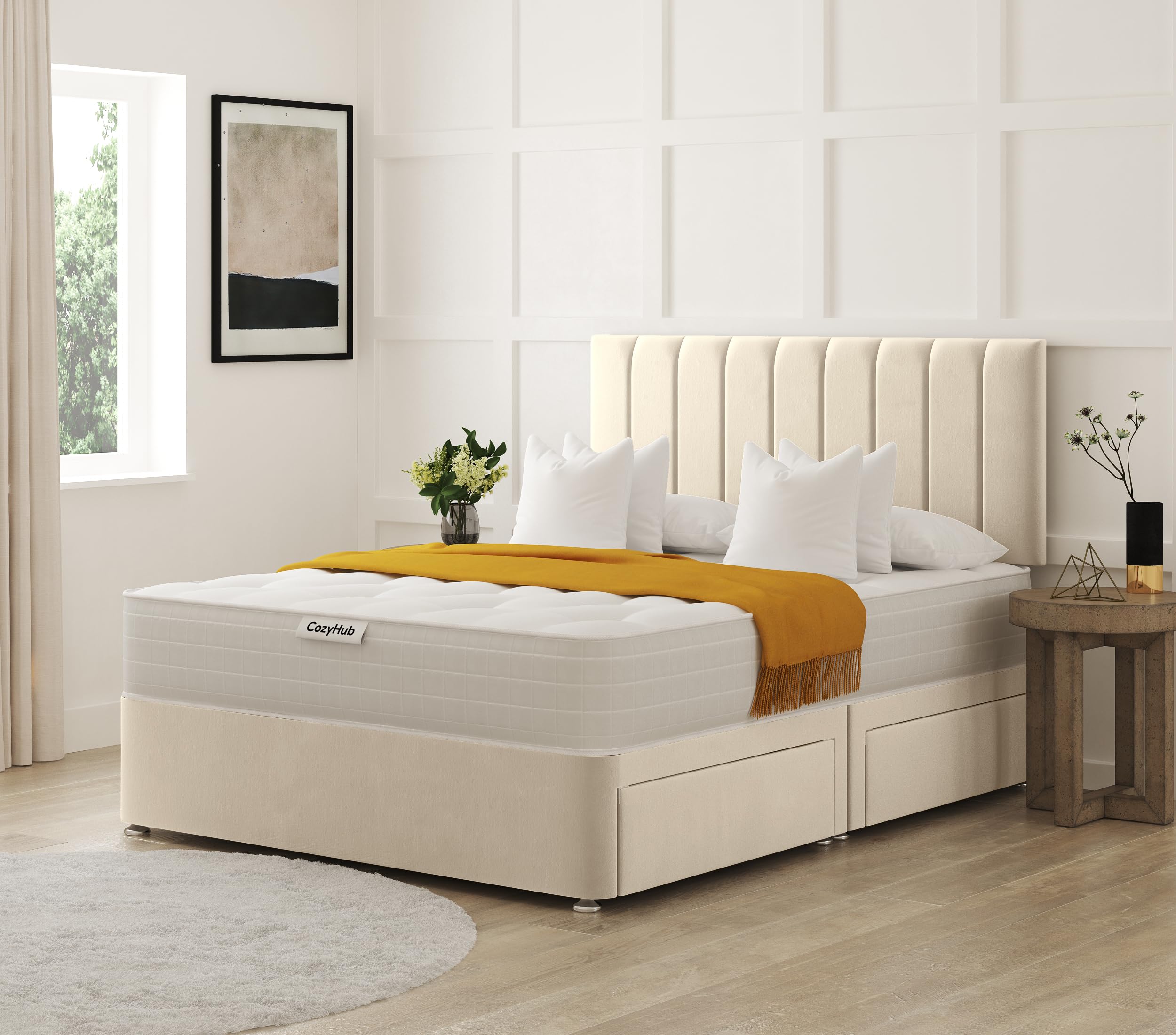 COZY HUB LTD Panel Thin Line Plush Velvet Divan Bed with 10 Inch Ortho Tufted Mattress & Headboard โ Luxury Divan Set with Drawer Storage Options. (Cream, 3Ft- No Drawers)