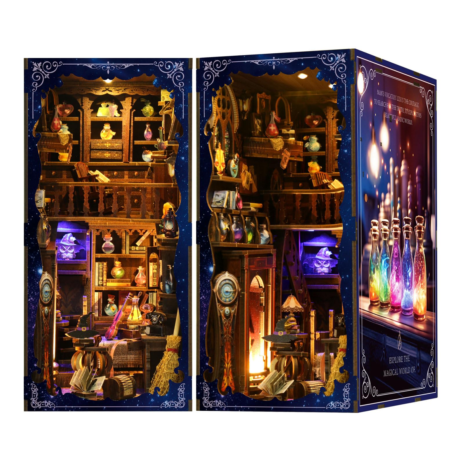 MaHo Book Nook Magic Lab - DIY Miniatur-Diorama fürs Bücherregal, 334 Teile, 11 x 18 x 23 cm, ab 12 Jahren - DIY Book Nook Kit aus Holz mit LED – 3D Puzzle Bücherregal Deko & DIY Buchstütze basteln