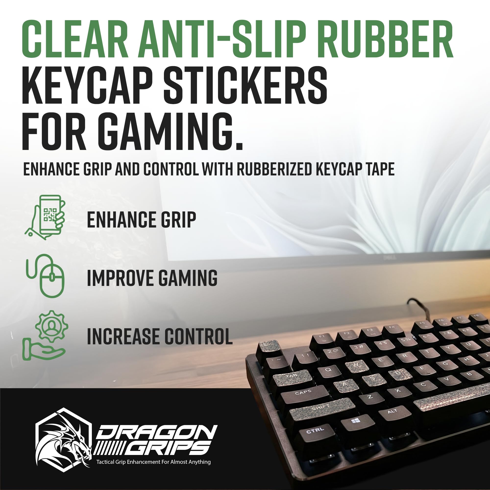 Dragon Grips Juego de 35 empuñaduras de teclado para juegos, calcomanías de goma para teclas y cinta de agarre para mouse, superposiciones antideslizantes transparentes para teclas retroiluminadas RGB