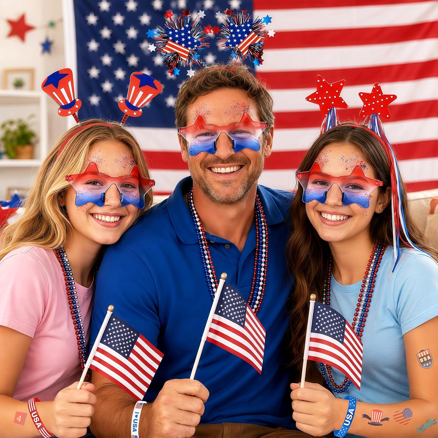 SelfTek Fourth of July Accessories Set - 32Pcs 4th of July Outfits Set for Women, Face Body Glitter Gel, 9 Necklaces, 3 Star Sunglasses, 6 Bracelets, 3 Rubber Hairbands, 10 Tattoos stickers