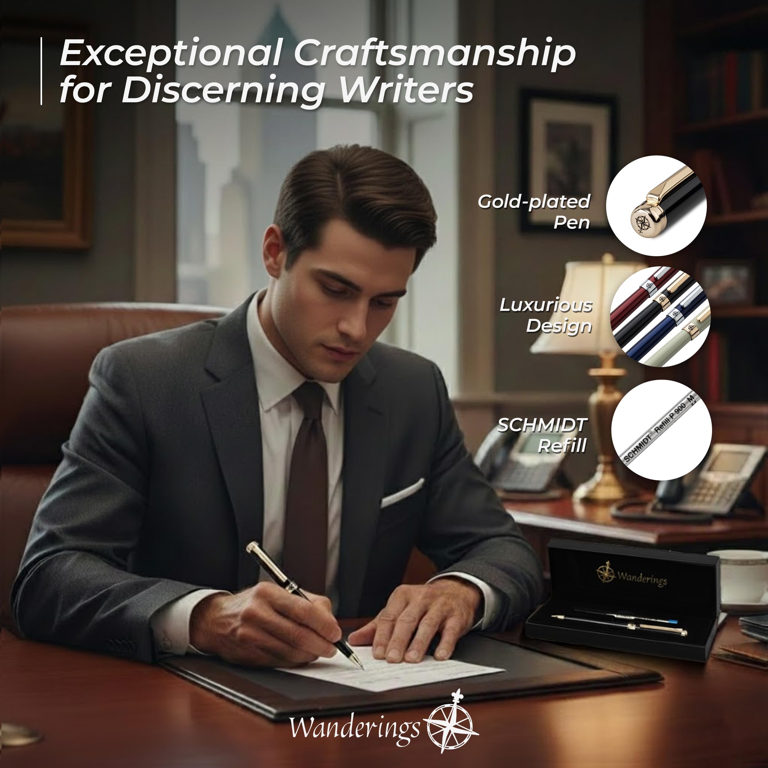 WANDERINGS Premium Ballpoint Pen with German Ink Perfectly Balanced for a Superb Writing Experience, 24K Gold Plated Piano Black - Includes a Schmidt Refill in a Giftable Presentation Case - Image 3