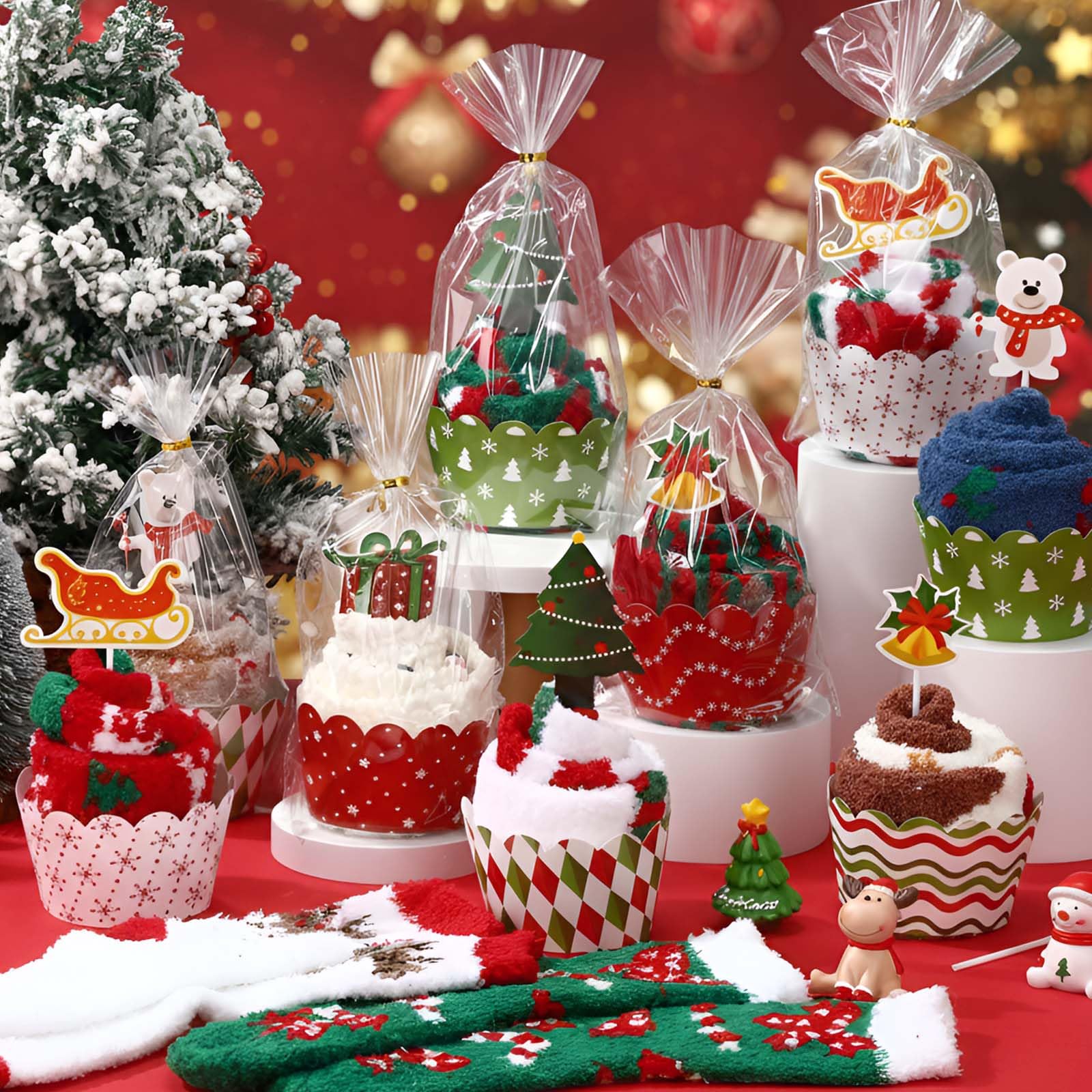 Coume 24 Paar Weihnachts-Cupcake-Socken für Frauen, flauschige Wintersocken mit Geschenk-Box, für Weihnachtsstrumpffüller