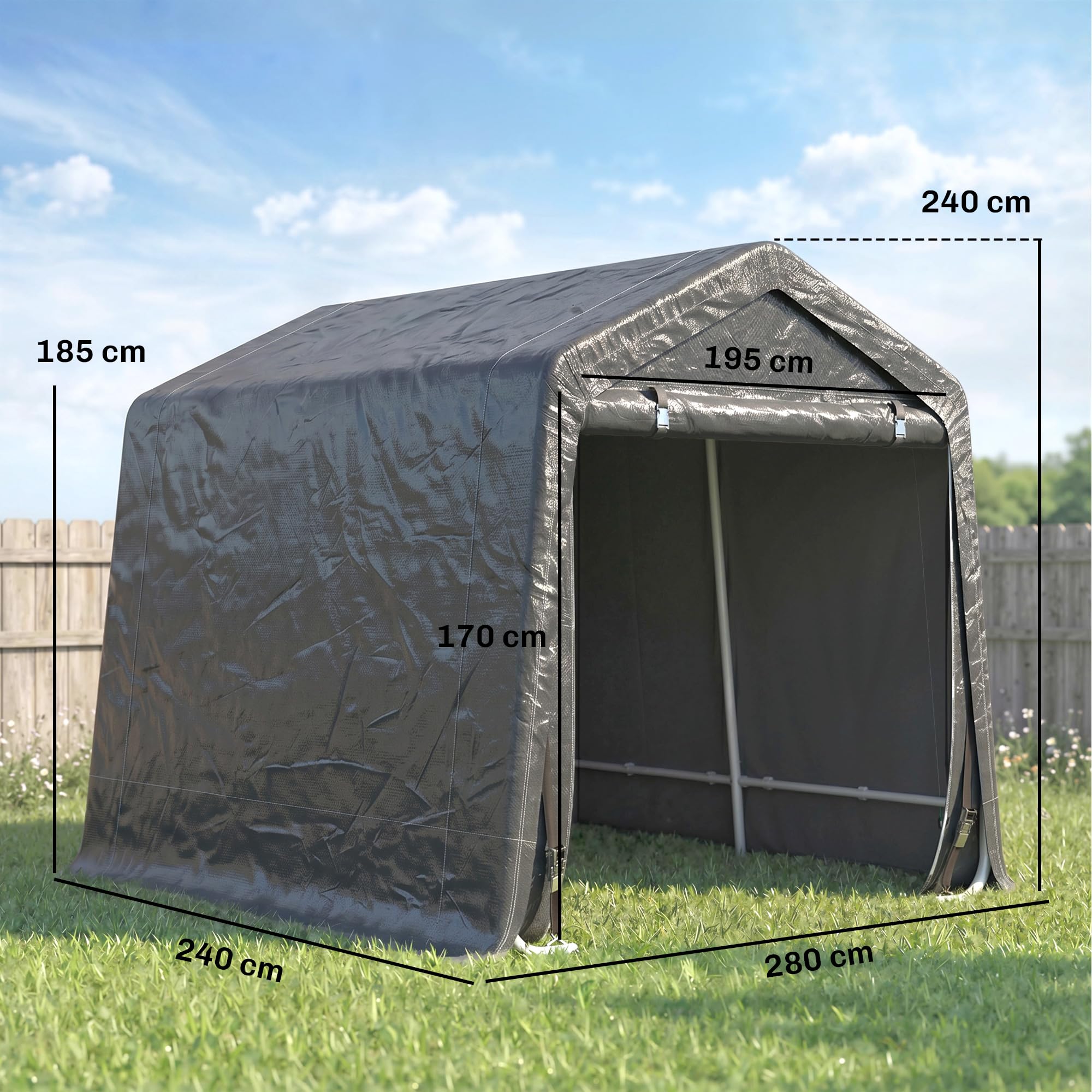 Outsunny Abri de Jardin, Tente de Stockage, 2 Portes zippées, Cadre métallique, abri de vélo, Protection Contre la Pluie légère et Le Vent, 280 x 240 x 240 cm, Gris foncé