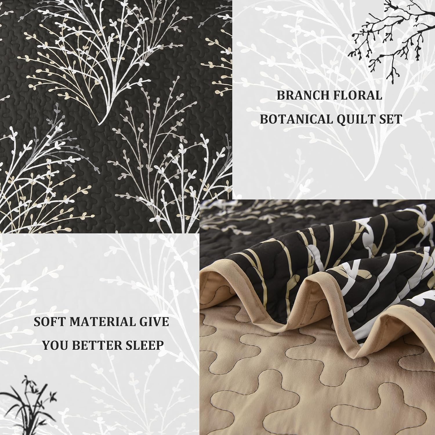 DJY Black King Size Quilt Set Branch Floral Bedspread Coverlet Set, Black Botanical Pattern Quilted Bedding Set 3 Piece Soft Lightweight Microfiber Bed Cover for All Season (110''x90'') - Image 5