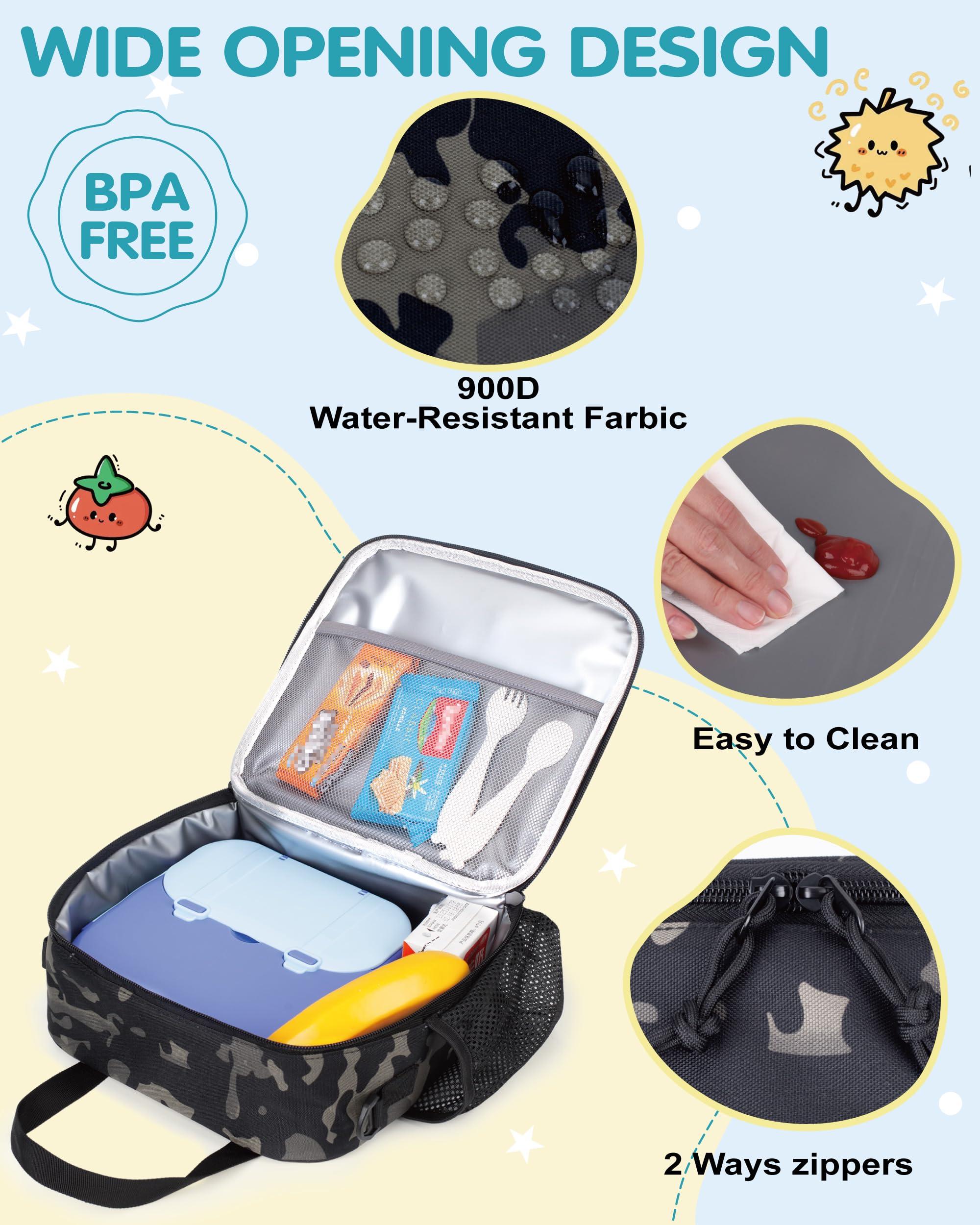 Lunch box tattica per ragazzi, borsa termica per bambini con tracolla e porta-bottiglia, piccola borsa frigo riutilizzabile e idrorepellente per scuola e asilo