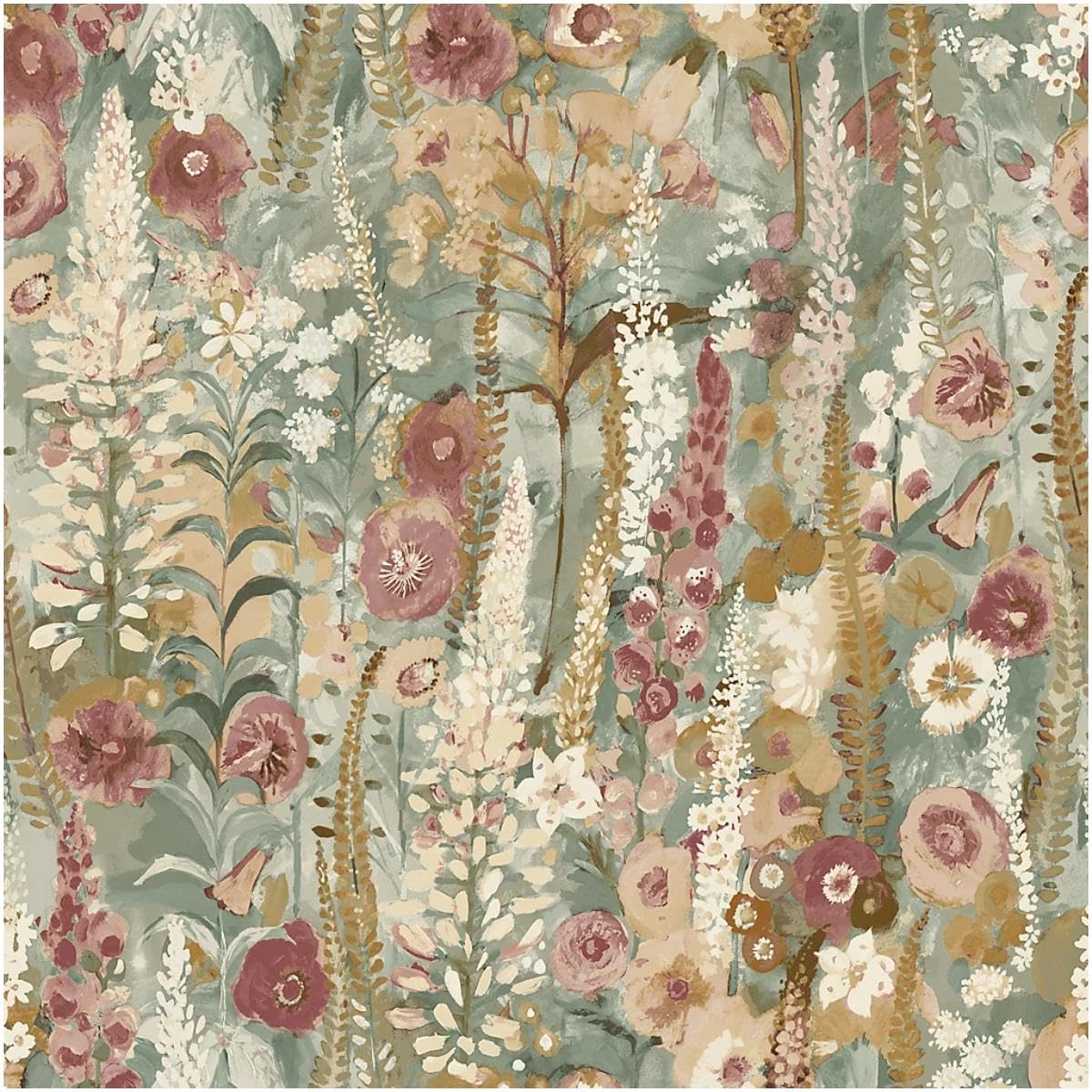 Yöl Pale Green Delphinium Floral Wallpaper Cottage Garden Botanical Design