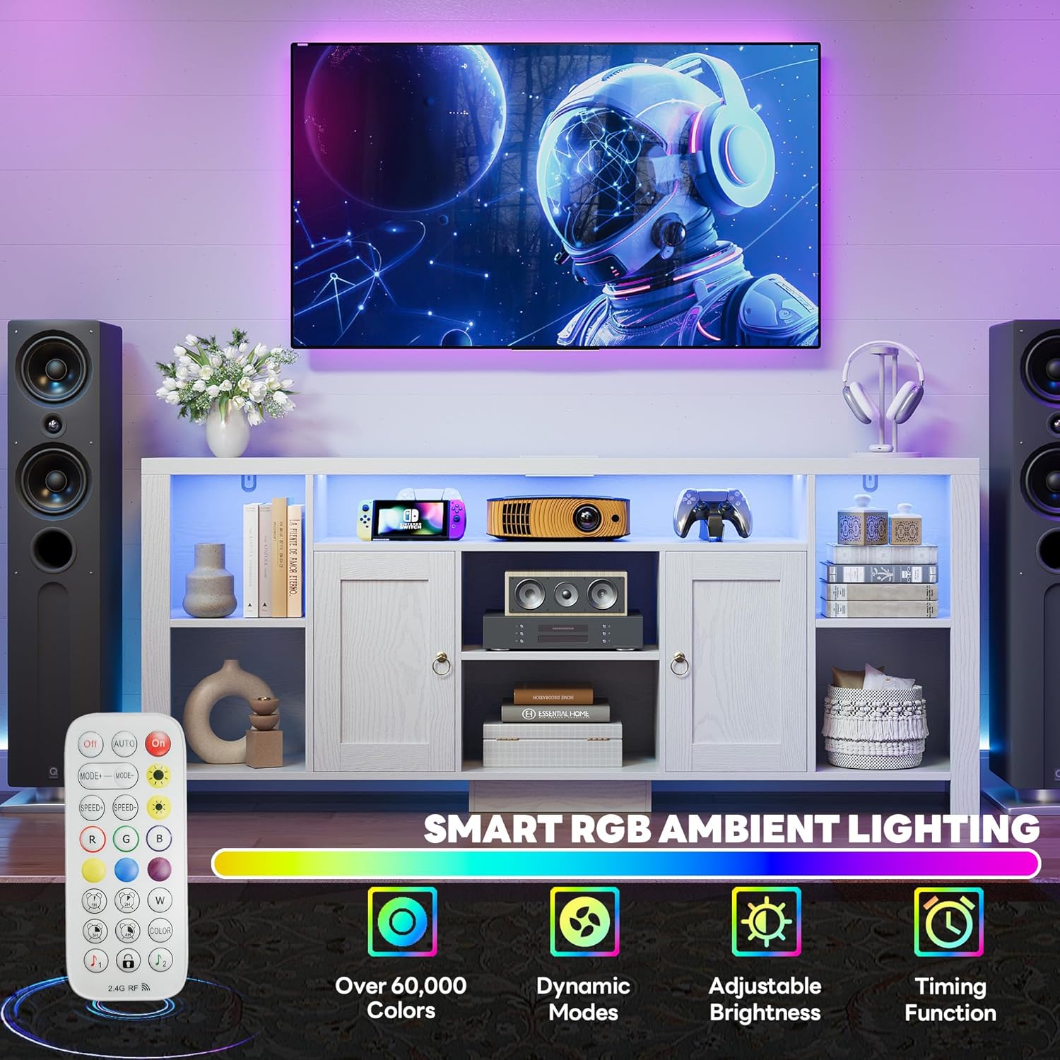 LIKIMIO TV Stand for TVs 80 inch with LED Lights & Power Outlet, Entertainment Center with Cabinets, Adjustable Shelves and Open Shelves, Modern Media TV Console Living Room, White - Image 5