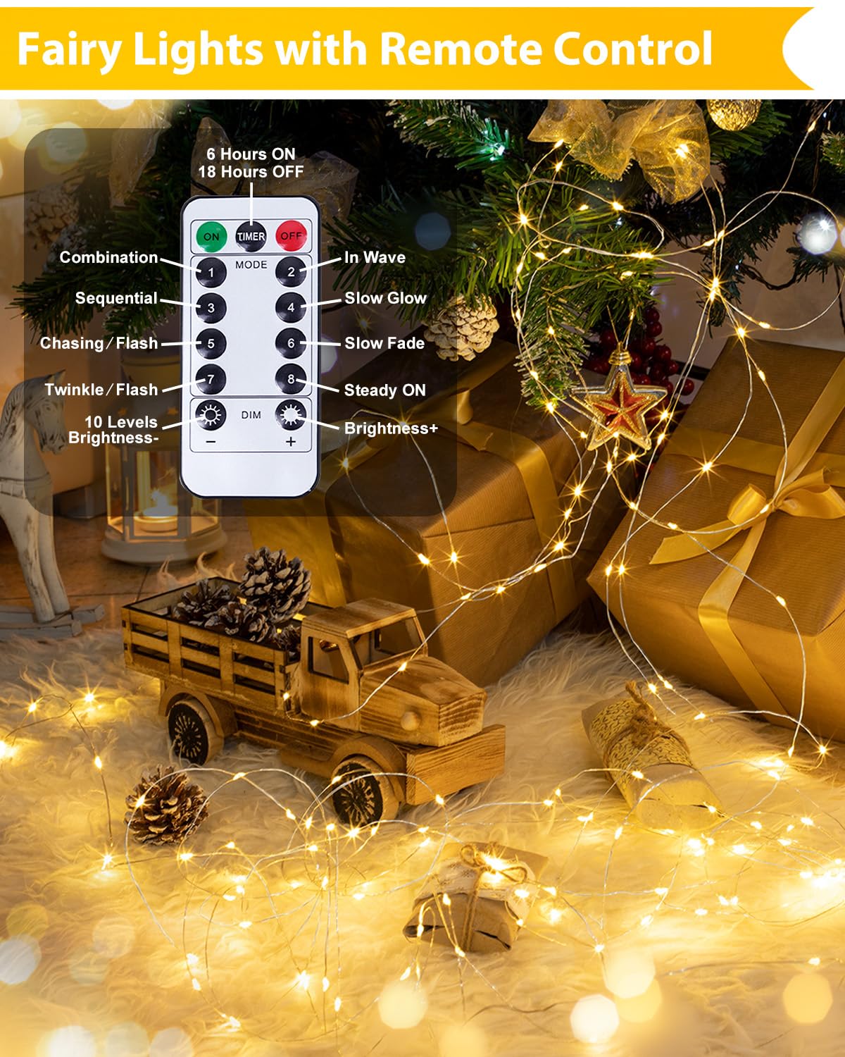 Confezione da 60 luci natalizie a batteria con telecomando, 8 modalità di luci con timer, dimmerabili, funzione memoria, luci scintillanti impermeabili per interni ed esterni (bianco caldo)