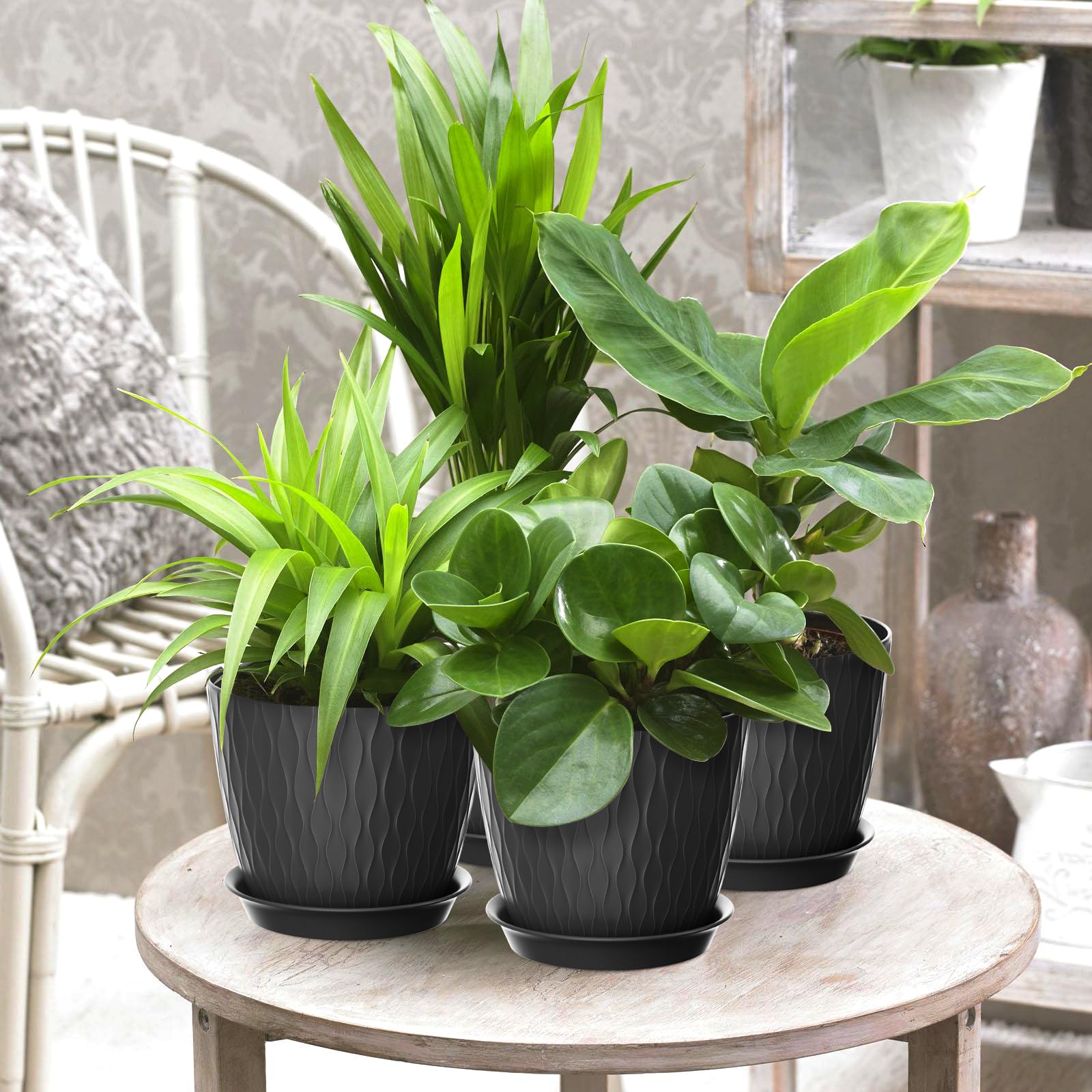 17cm Plant Pots Indoor, 5 Pack Plastic Planters with Drainage Holes and Saucer - Image 2