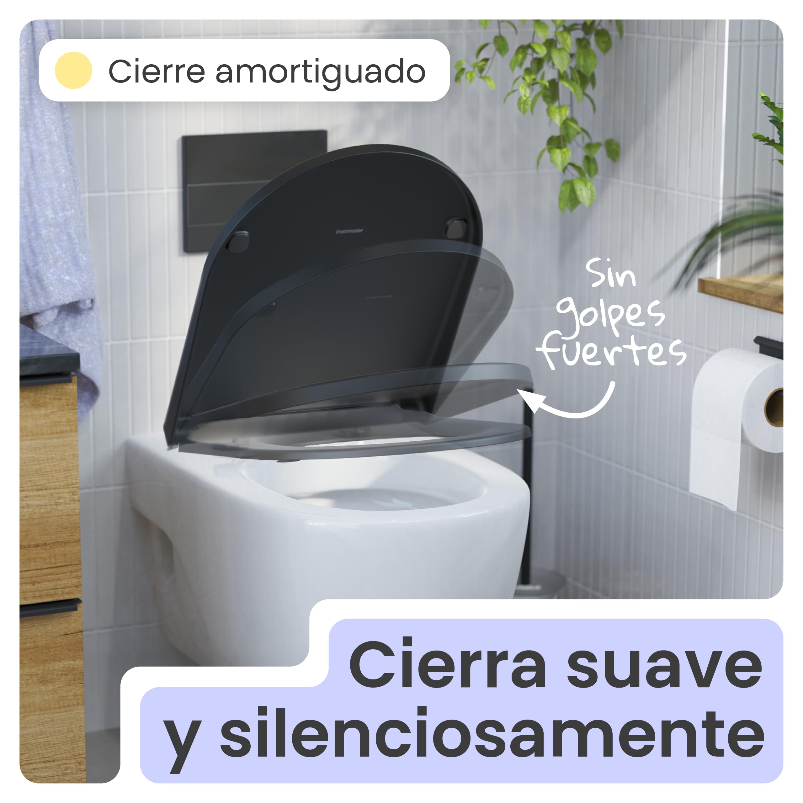instmaier Tapa de inodoro con dispositivo de descenso automático, color negro mate, certificado TÜV, forma de D, asiento de inodoro de duroplast, función de liberación rápida