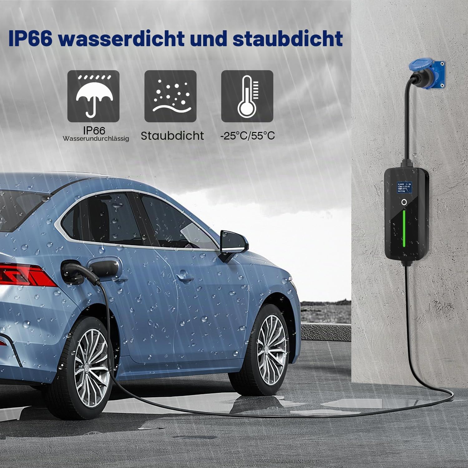 Typ 2 Mobile Ladegerät für Elektroautos, 7 kW tragbares Ladekabel mit CEE-Stecker für Elektrofahrzeug, IP67 wasserdicht, 5 Meter Typ 2 Ladekabel mit 32A, IEC 62196-2