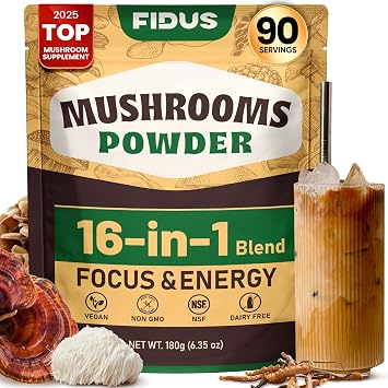 Fidus 16 Mushroom Supplement Powder with 1,730mg per Serving, 90 Day Servings Mushroom Coffee Alternative for Immunity, Focus & Energy with Ashwagandha, Lions Mane, Reishi, 100% Fruiting Bodies