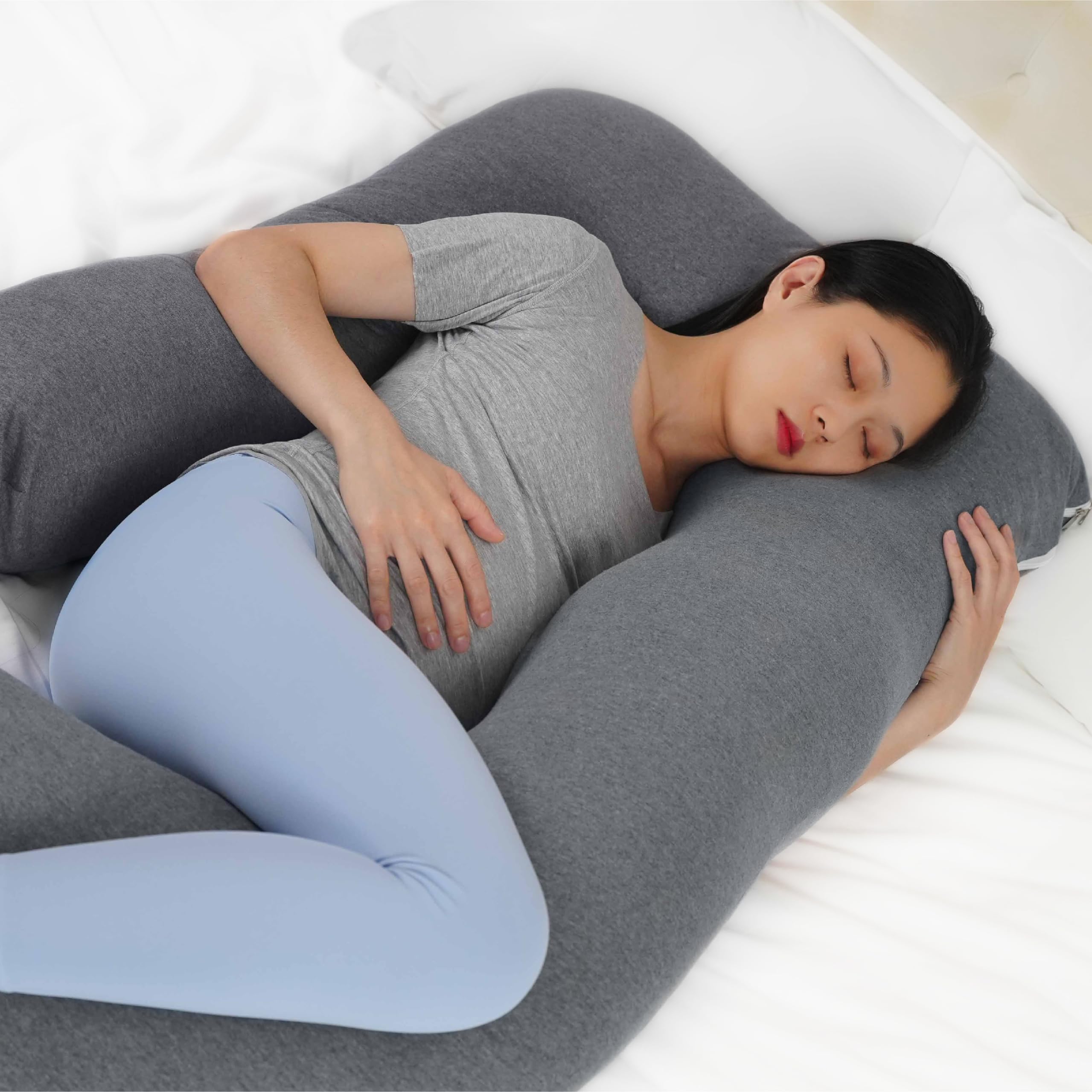 The Moon Brand Organic UShaped Pregnancy Pillow - Sleeping Support for Mom to Be - LumpFree Filling - Full Body, Back, Hips, Legs, Belly - Washable Cover - Comfortable & Cozy – 132x70cm-Grey