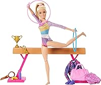Vista 1 de Muñeca de gimnasia Barbie y accesorios, juego con muñeca rubia de moda, clip en C para acción de volteretas, barra de equilibrio, traje