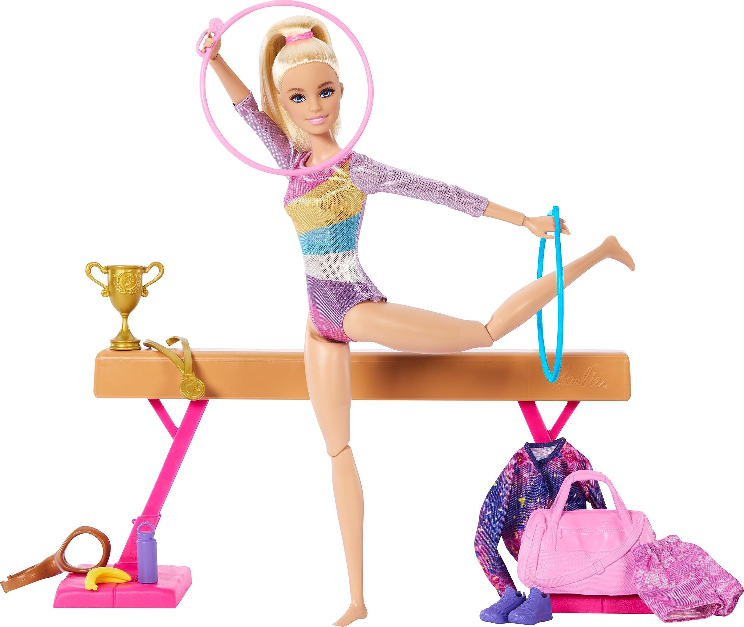 Barbie Gymnastics Dolls & Accessories, Playset with Blonde Fashion Doll, C Clip for Flip Action, Balance Beam, Warm-Up Suit, etc