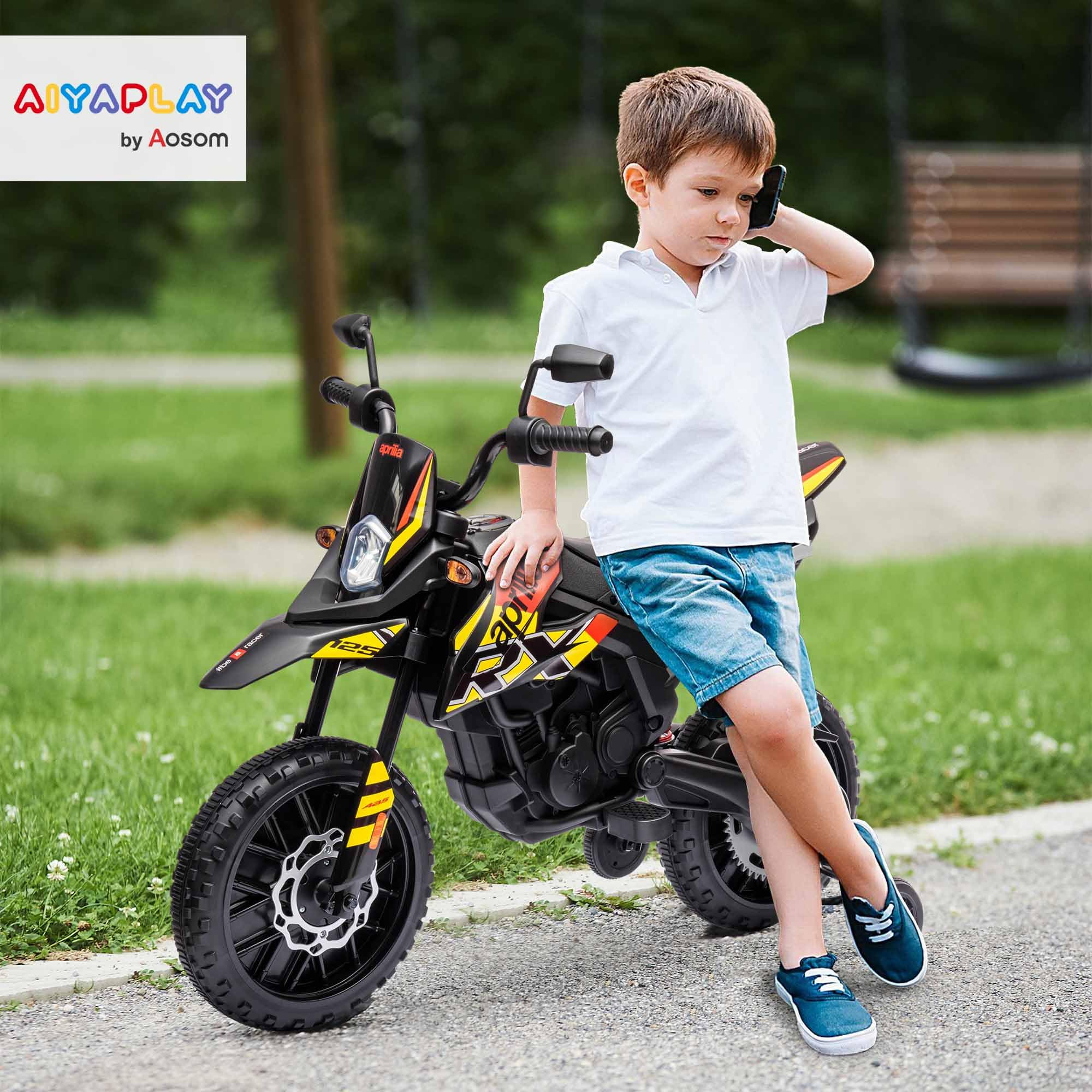 AIYAPLAY Elektro Kindermotorrad Aprilia Elektromotorrad mit USB, Stützrädern, Musik, Scheinwerfer, Kinder 6 km/h Elektro Motorrad mit 2 Stützrädern für Kinder von 3-8 Jahren Gelb