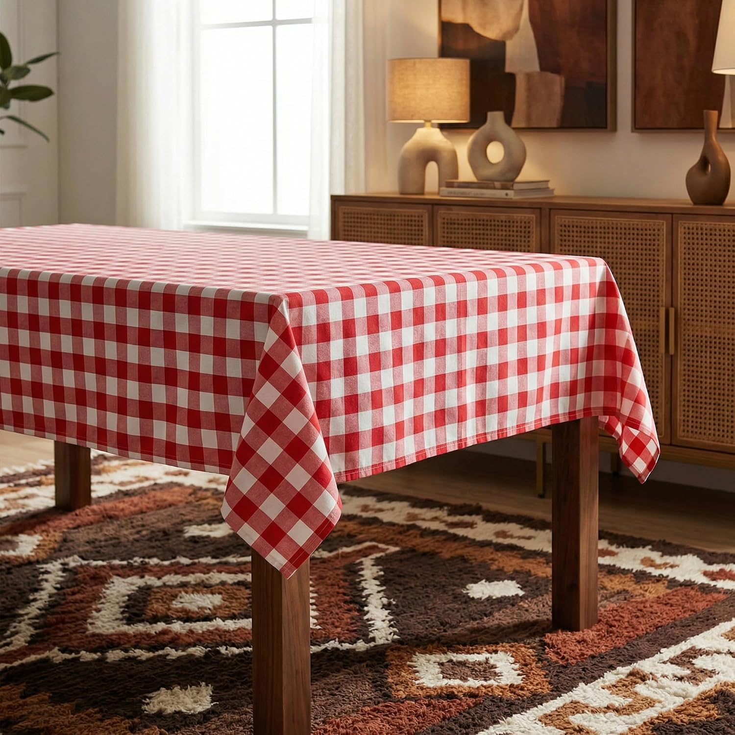 Red and White Gingham Tablecloth, Waterproof Outdoor Picnic Table Cover for Summer BBQ, Farmhouse Kitchen, Patio Dining, Reusable Machine Washable Checkered Table Cloth, W60 x L102 in