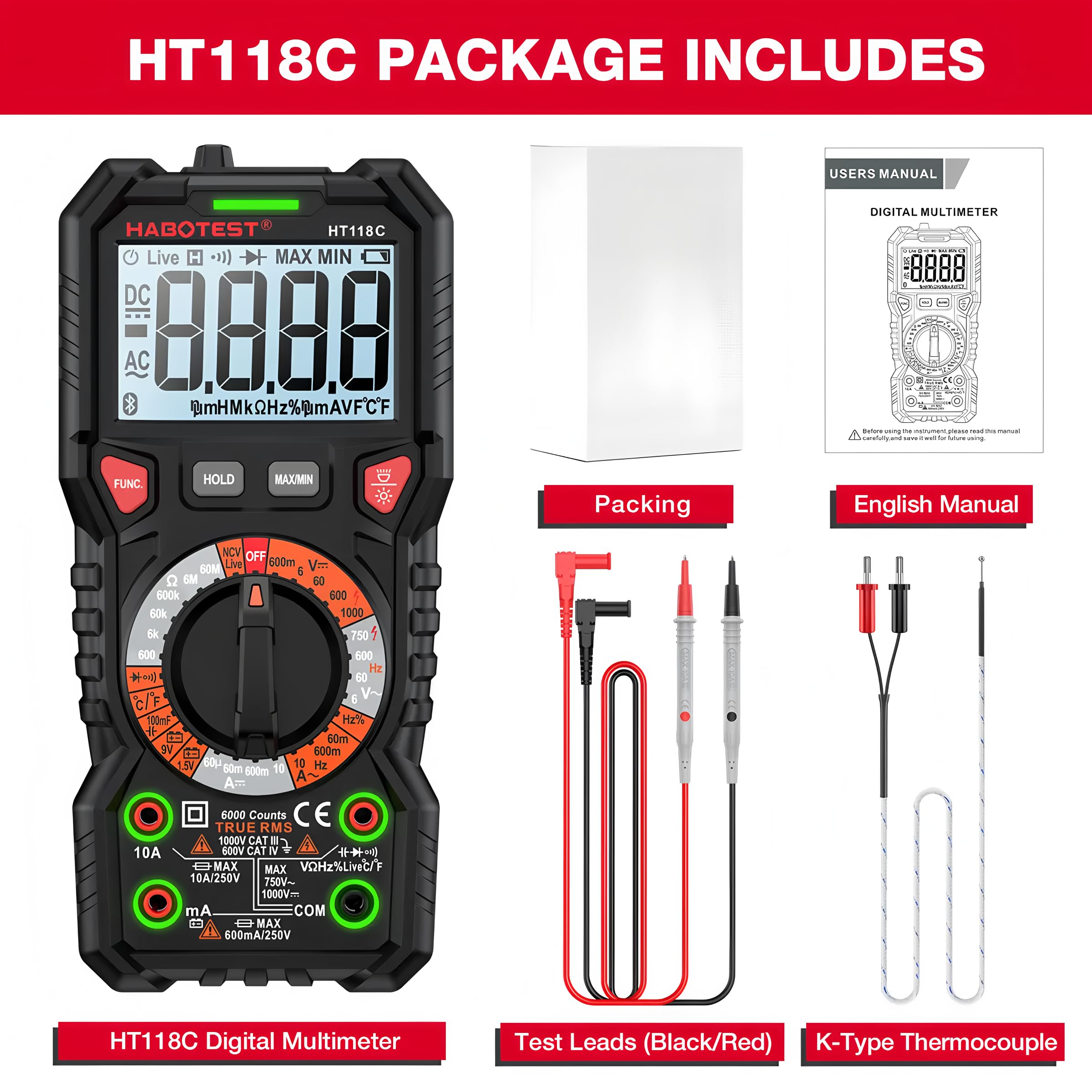 Multimetro Digitale HT118C True RMS 1000V AC/DC 6000 Conti Voltmetro Range Automatico NCV Hz Diodo ohm Tester Multimetro (HT118C)