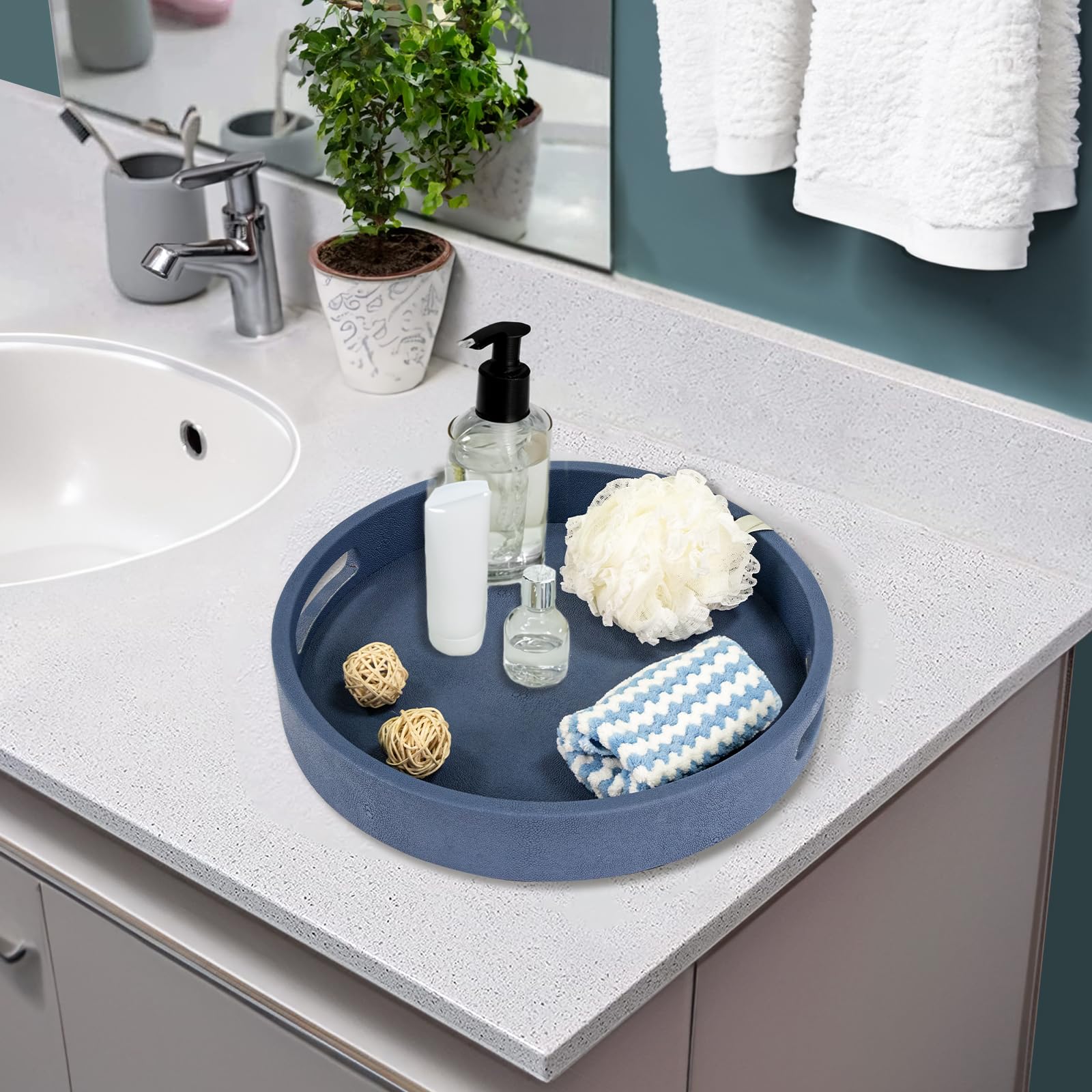 MAONAME 13" Blue Decorative Tray, Faux Leather Serving Tray with Handles, Modern Coffee Table Tray for Ottoman, Round Vanity Tray for Living Room, Bathroom