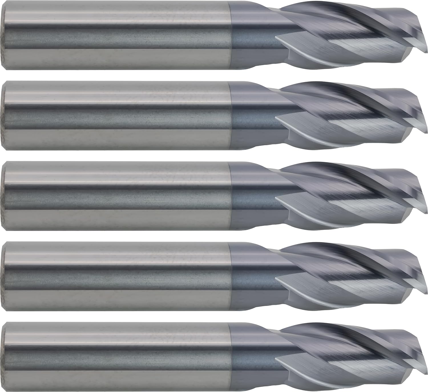 5 pcs Solid Carbide End Mills, Square Nose, TiAlN Coated, 1/2 Mill Diameter, 1 Length of Cut, 3 Overall Length, 2 Flute, Center Cutting