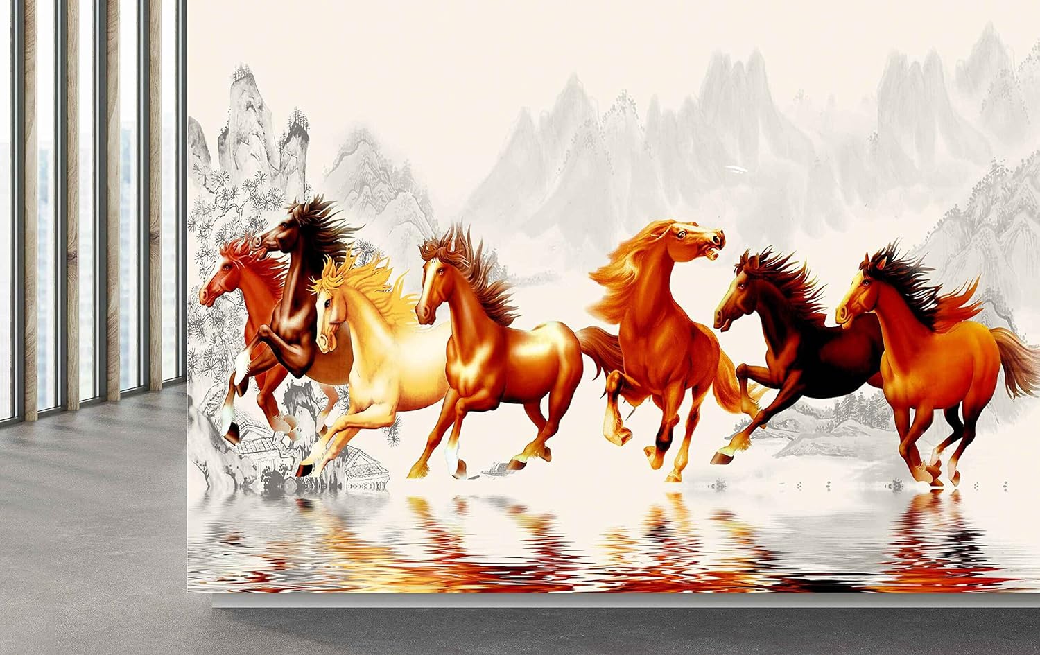 MWZ3783 Brown Red Yellow Seven 7 Horses Racing Mountains HD 3D Seven Horses Wallpaper[12 ft x 10 ft] / [366 cm x 305 cm]