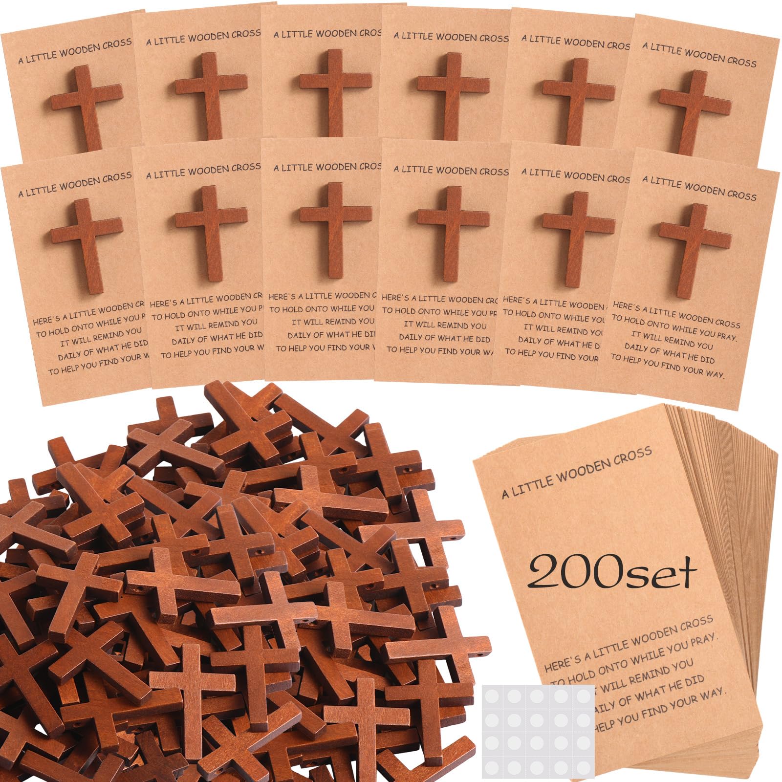 Bucherry 200 Sets Pocket Wooden Cross Hug Token Bulk Hug Greeting Cards Small Wood Cross Christian Religious Gifts Keepsake Exchange Card Relationship Gift for Friends Colleagues Family Church