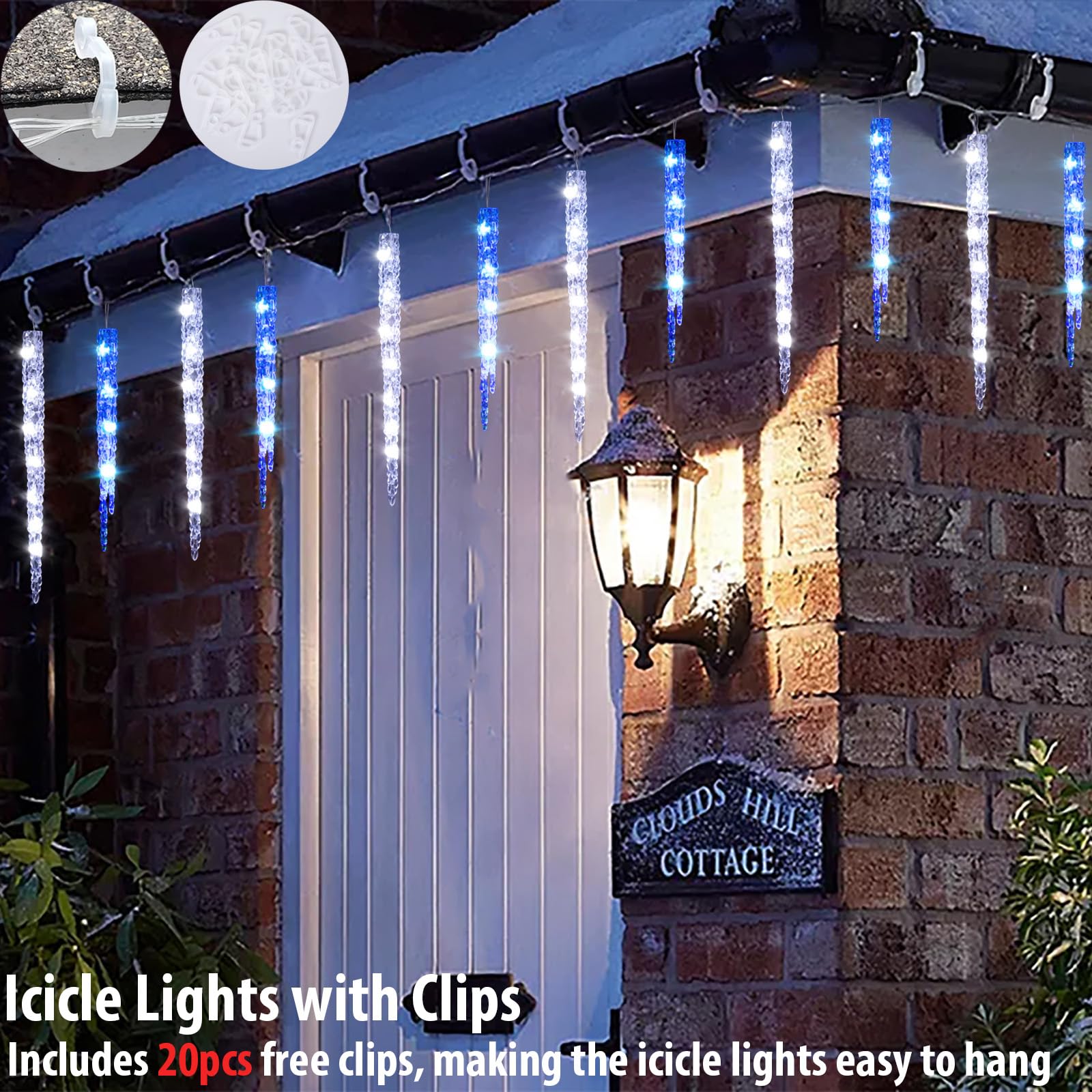 TWINKVILLA Blue and White Icicle Lights for Outside, Christmas