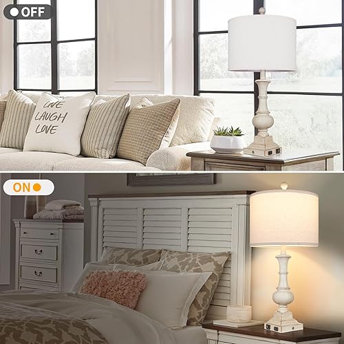 Miniatura 6 de 26" Farmhouse Table Lamp, Vintage Rustic Touch Control Bedside Lamp with 2 USB Ports & AC Outlet, Boho Resin 3-Way Dimmable Nightstand Lamp Linen