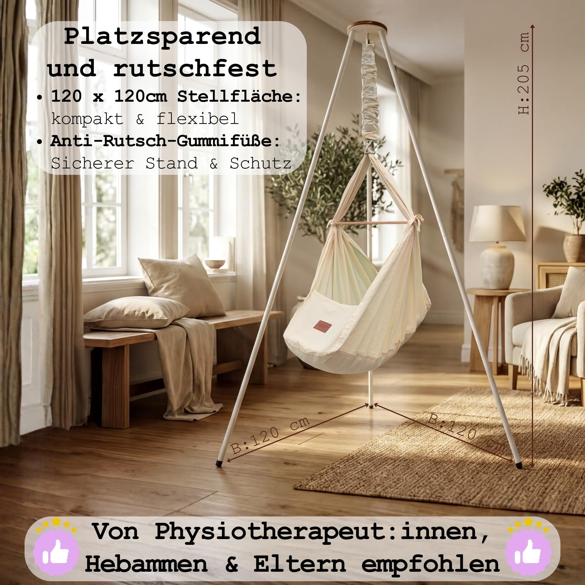 Honigbär Federwiege Set inkl. Standfuß (weiß) – Baby Hängematte TÜV-geprüft bis 40kg – Ergonomisches Nestchen mit Kapok-Matratze – Bio-Baumwolle – Universell motorisierbar - Schlaf wie im Mutterleib