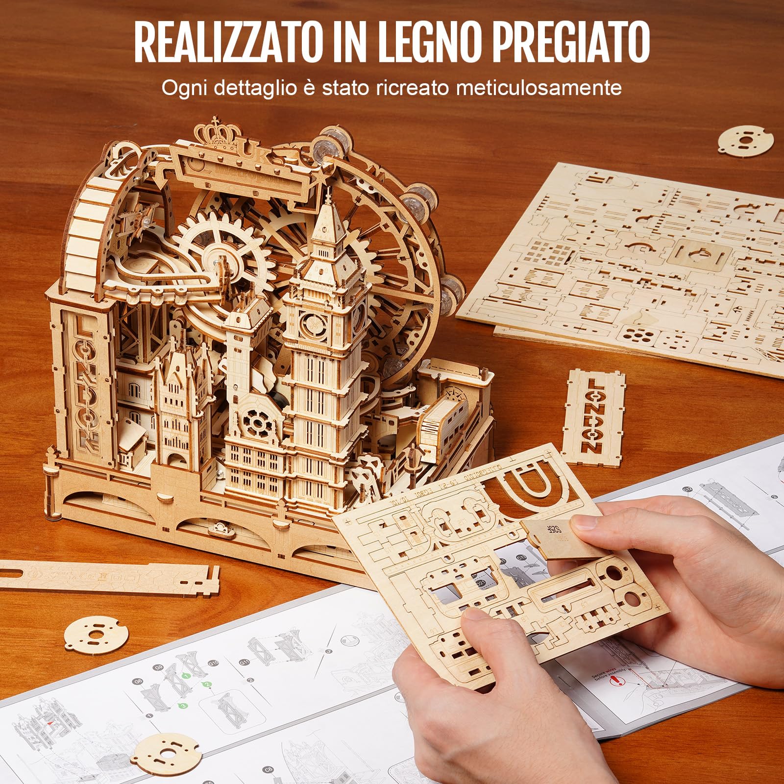 ROKR Marble Travel London EGB01– Puzzle Percorso Biglie 3D in Legno, Kit STEM per Adolescenti & Adulti, Modellino Interattivo dei Monumenti di Londra con Display Luminoso