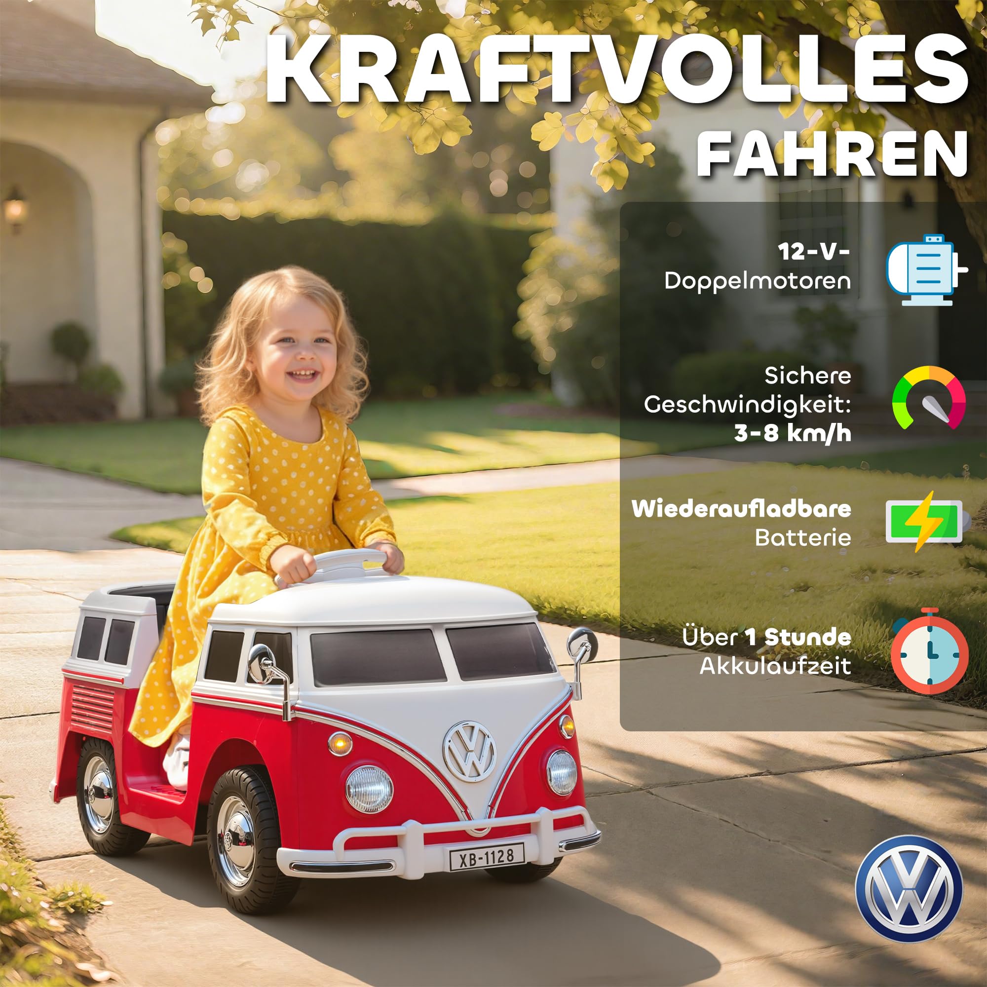 AIYAPLAY Kinder Elektroauto 12V Volkswagen Kinderfahrzeug mit MP3 Rot | Doppelmotor, Elektrofahrzeug mit Hupe, LED-Lichtern, Sanftanlauf, 3-8 km/h, für 3-7 Jahre Kinder
