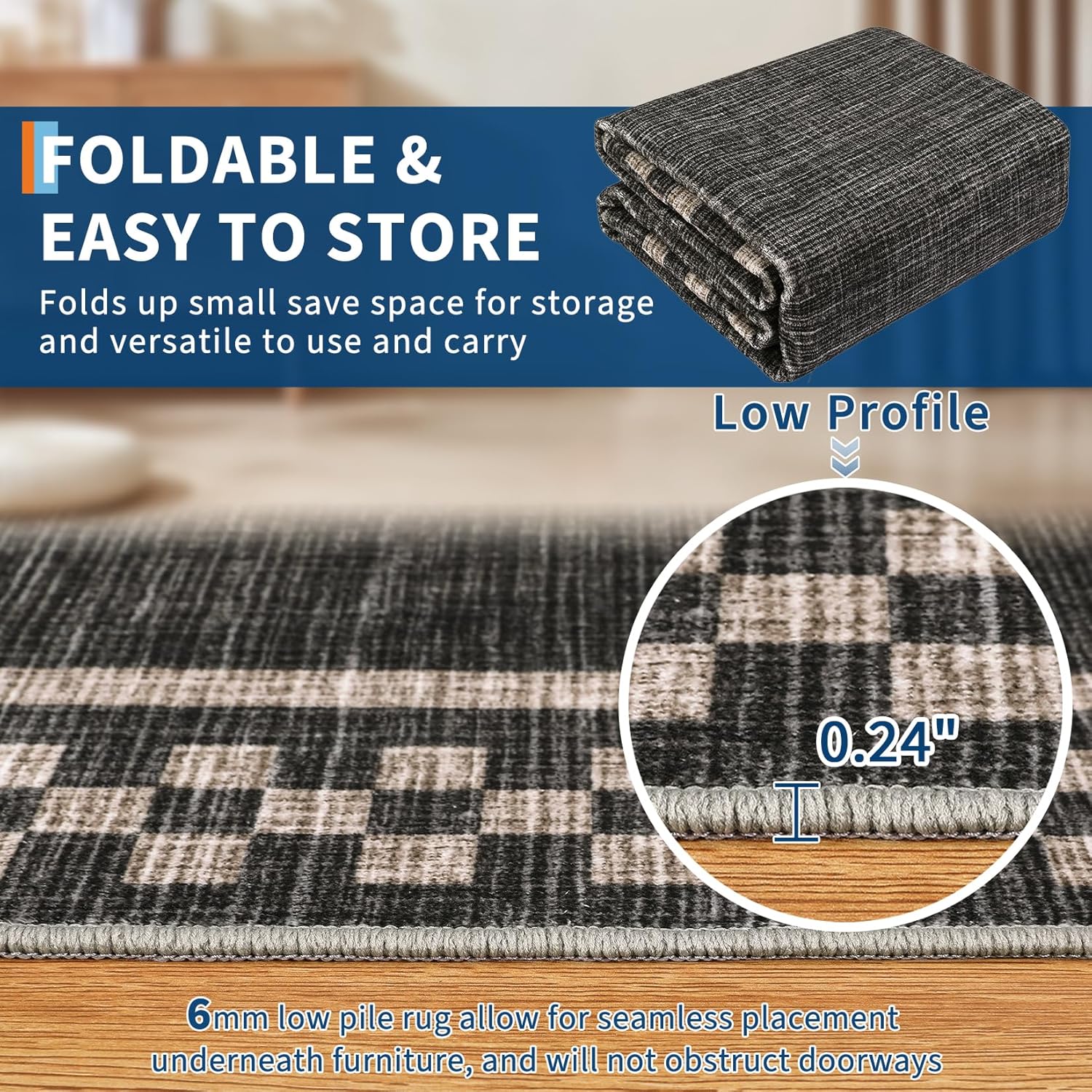 GarveeHome Washable Area Rugs 8x10 Non Slip Soft Large Living Room Rug Modern Checkered Bedroom Rug Soft Geometric Bordered Throw Carpet for Dining Room Home Decor Office Nursery, Black - Image 4