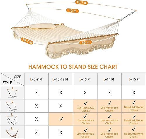Miniatura 8 de Lazy Daze Hammocks Hamaca de tela acolchada doble de 12 pies con barra separadora de madera dura, borlas, almohada suave, cadenas, hamaca para 2