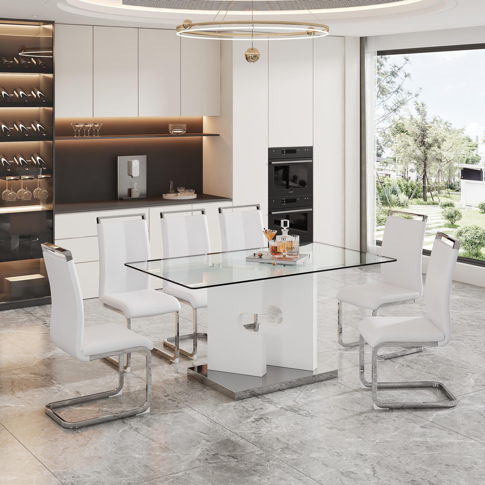 Glass Dining Table Set for 6, 63" White Dinner Room Table Set for 6, Modern Kitchen Table with 6 Upholstered PU Leather Dining Chairs for Dining Room