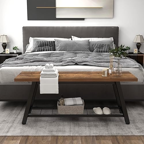 Miniatura 6 de Banco de almacenamiento industrial rústico de madera y metal para zapatos de entrada, estante de almacenamiento, asiento largo para pasillo,