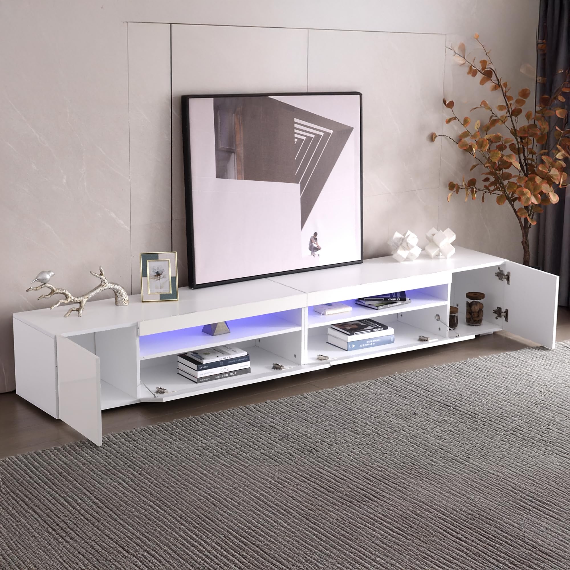 240cm TV Lowboard Weiß, Helles Panel TV Board Wohnzimmer mit Variable LED-Beleuchtung, Modern TV Schrank, Fernsehschrank, Wohnzimmer Möbel, Glänzendes Panel, Nicht Hochglänzend, Weiß