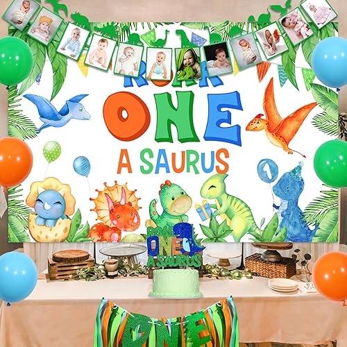 Miniatura 5 de Decoraciones de dinosaurio para el primer cumpleaños de niño  Telón de fondo de rugido, pancarta mensual de dinosaurio para fotos, decoración de