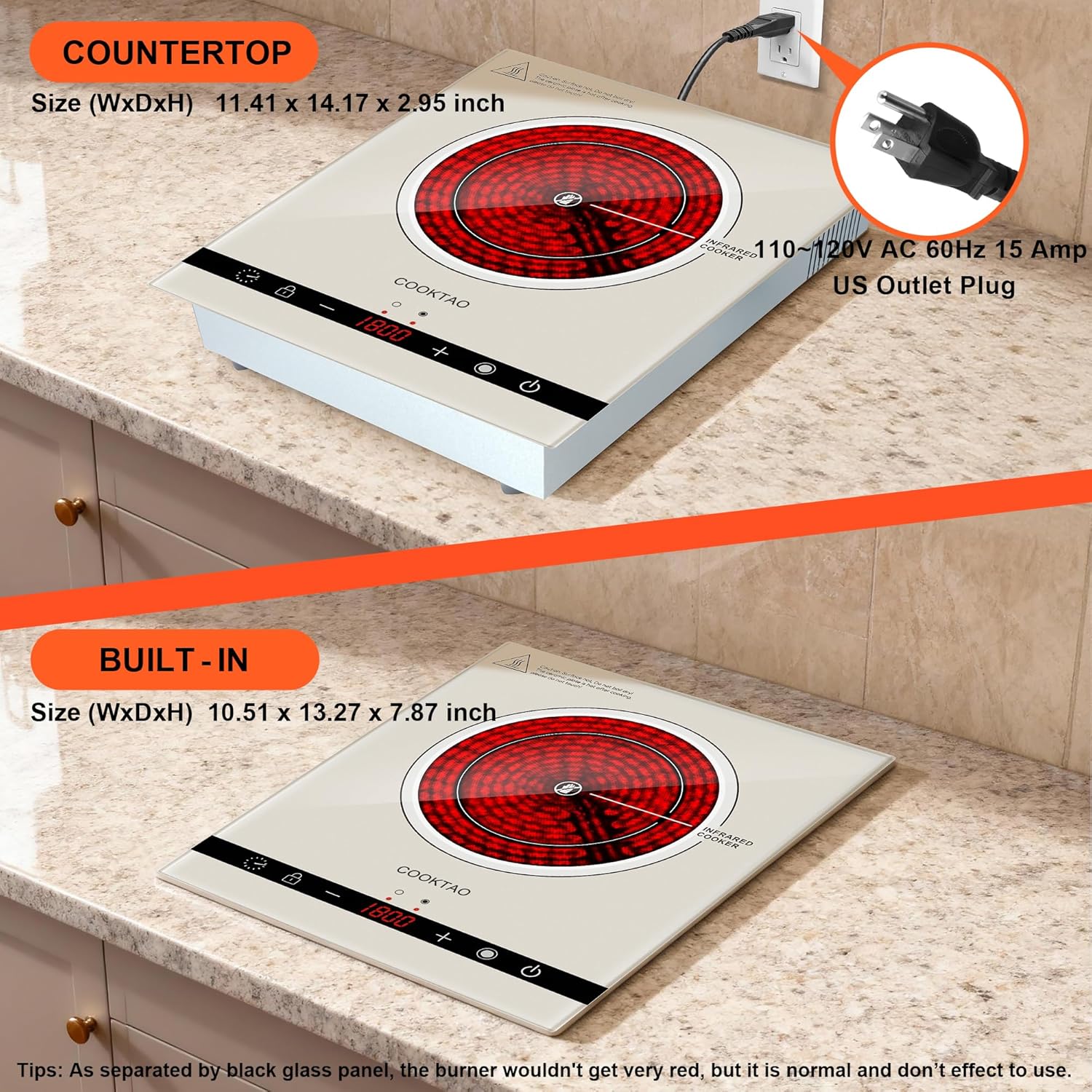 Dual Coils Design of Single Burner Electric Cooktop, 1800W Infrared Ceramic Hot Plate for Cooking, Portable Countertop or Built-in Radiant Stove Top Cooker, Compatible with All Cookware